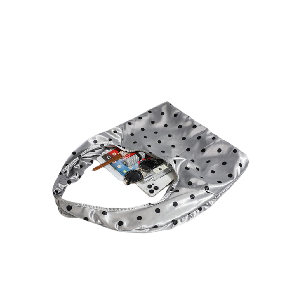 Silver Polka Dot Satin Tote Bag, Lightweight Slouchy Shoulder Bag for Women