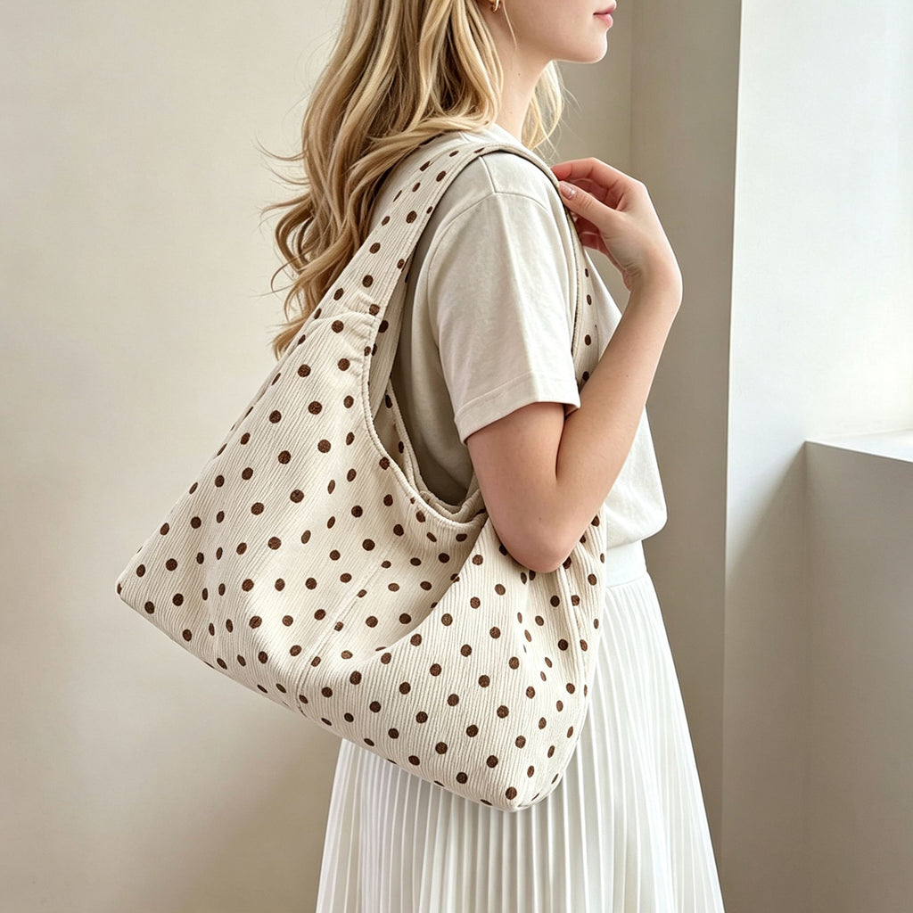 Polka Dot Corduroy Hobo Shoulder Bag with Wide Strap and Interior Pockets