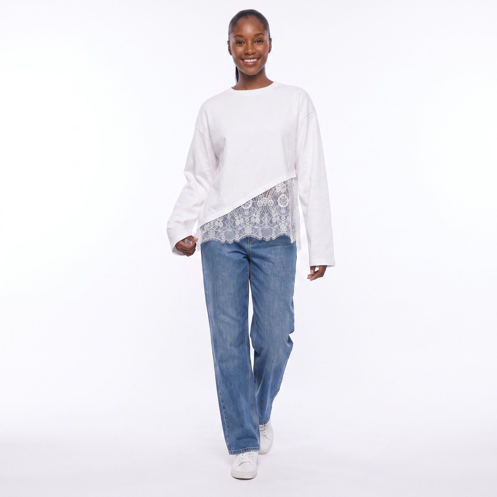 Asymmetrical Lace Hem Long Sleeve Top