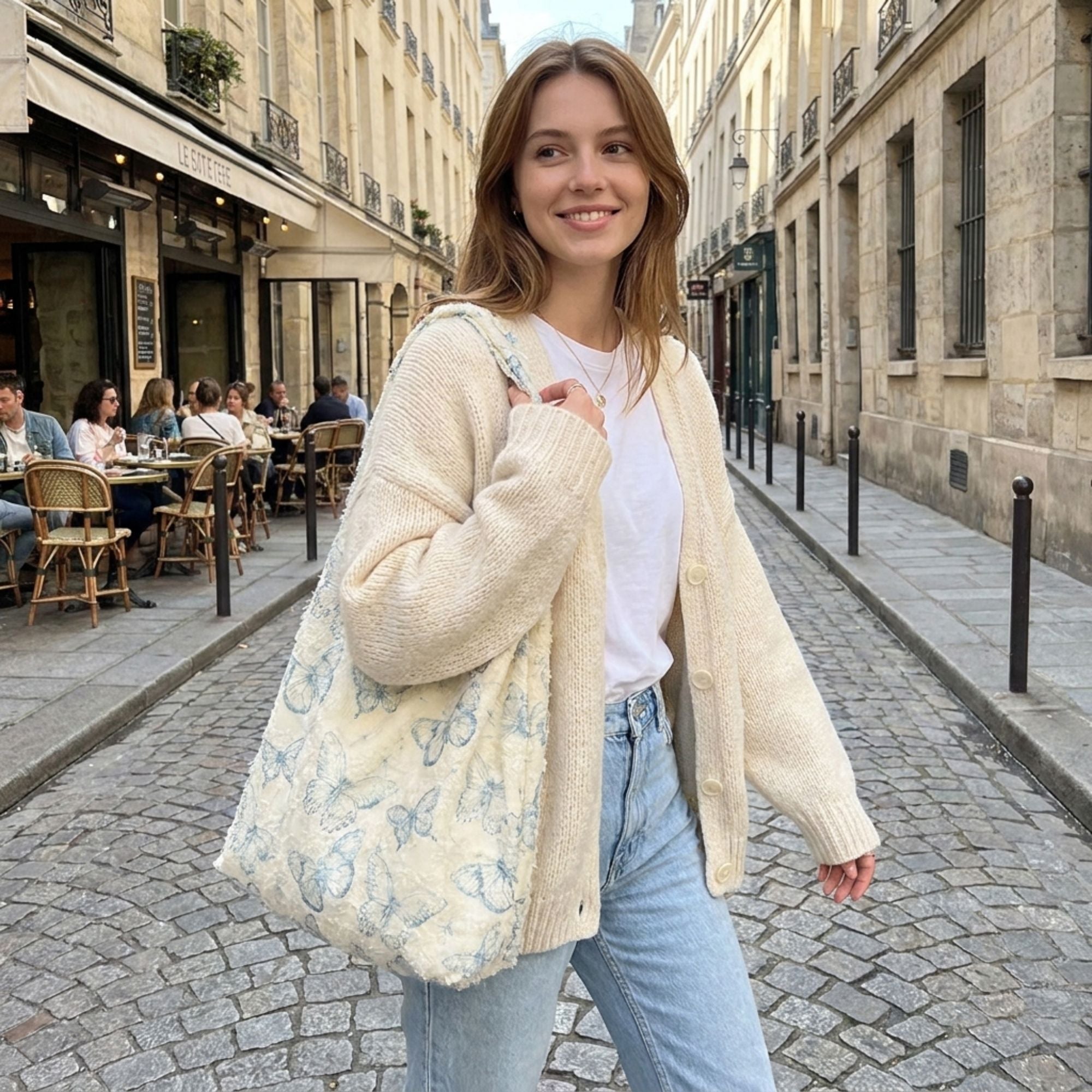 Butterfly Print Hobo Tote Bag with Lace Texture and Shoulder Handle