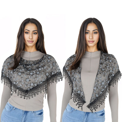 Anna-Kaci Lightweight Lace Floral Head Scarf Fringe Triangular Shawl Scarf Wrap Bandana for Women
