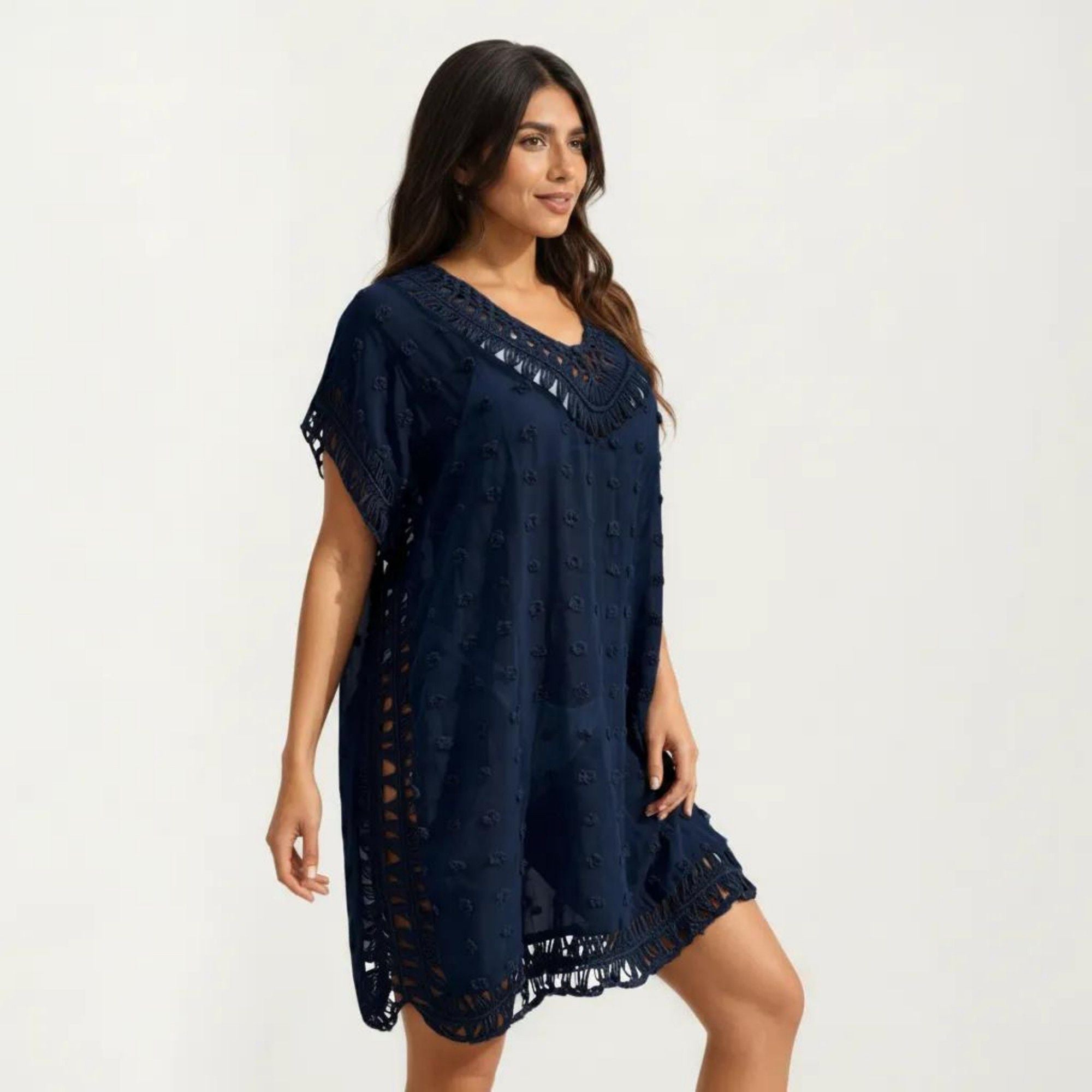 Anna-Kaci Women's Sheer Crochet Trim Cover Up Dress with Tassel Detail Relaxed Fit and Short Sleeves