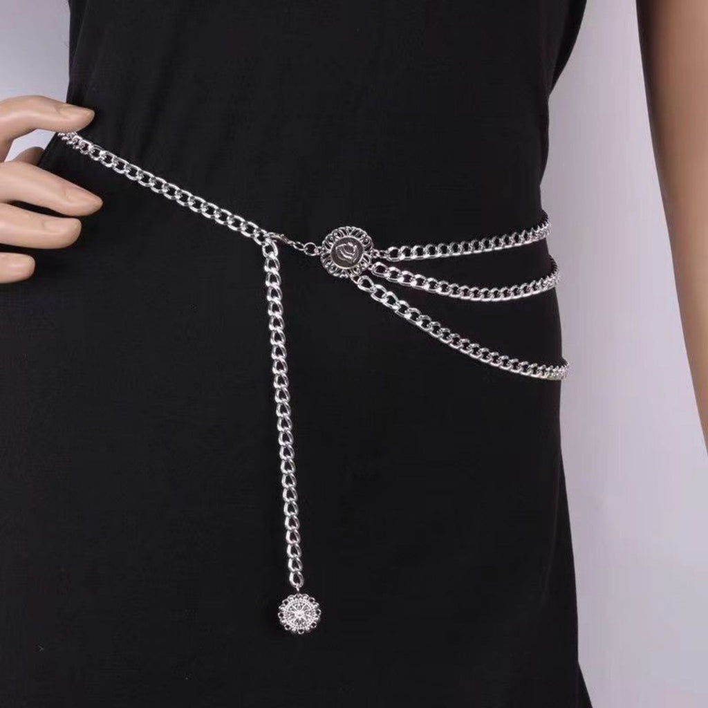 Anna-Kaci Women's Layered Chain Waist Belt with Triple Draped Links and Decorative Medallion Accents for Stylish Detail 35.5in