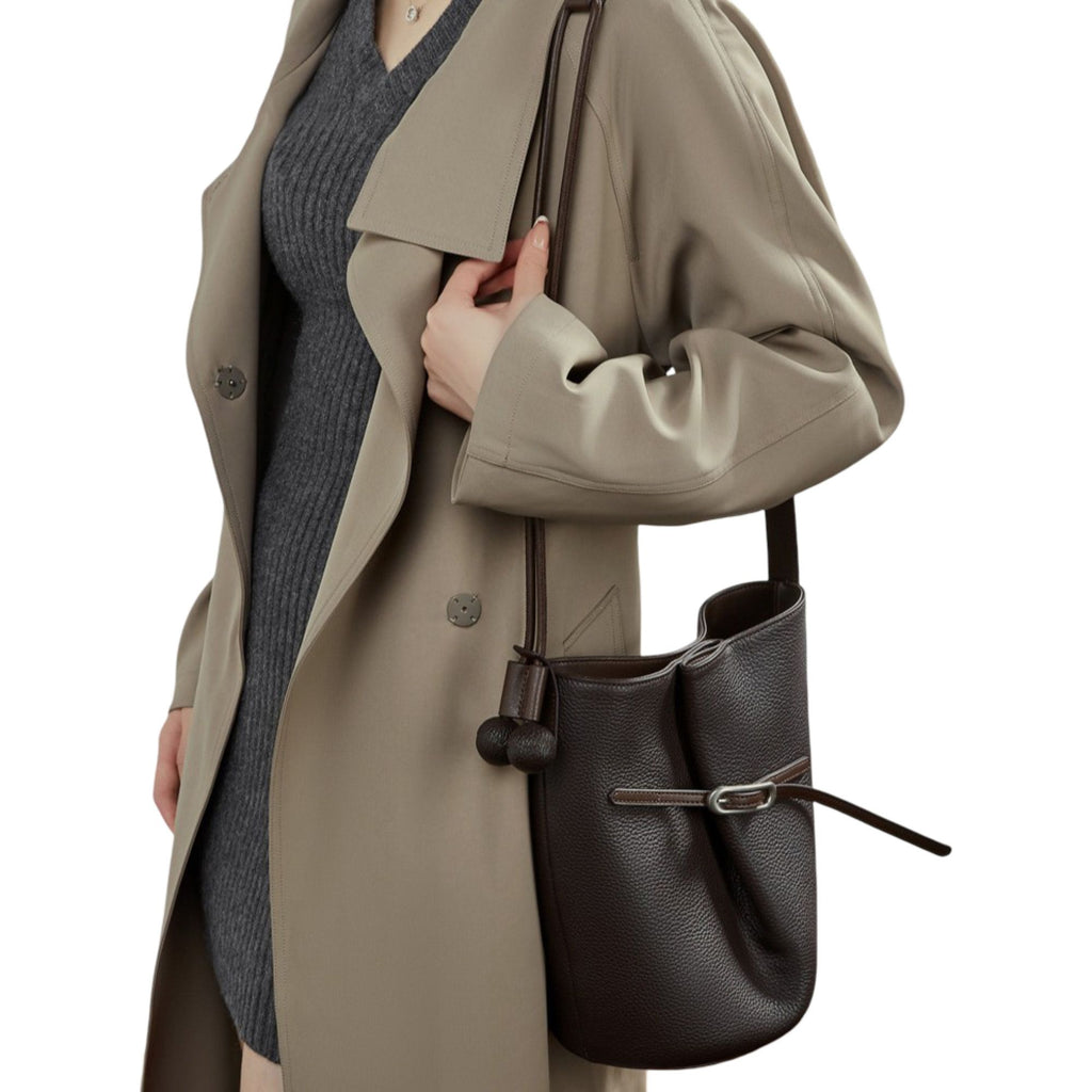Pebbled Leather Bucket Shoulder Tote with Adjustable Buckle Accent and Open Top Design