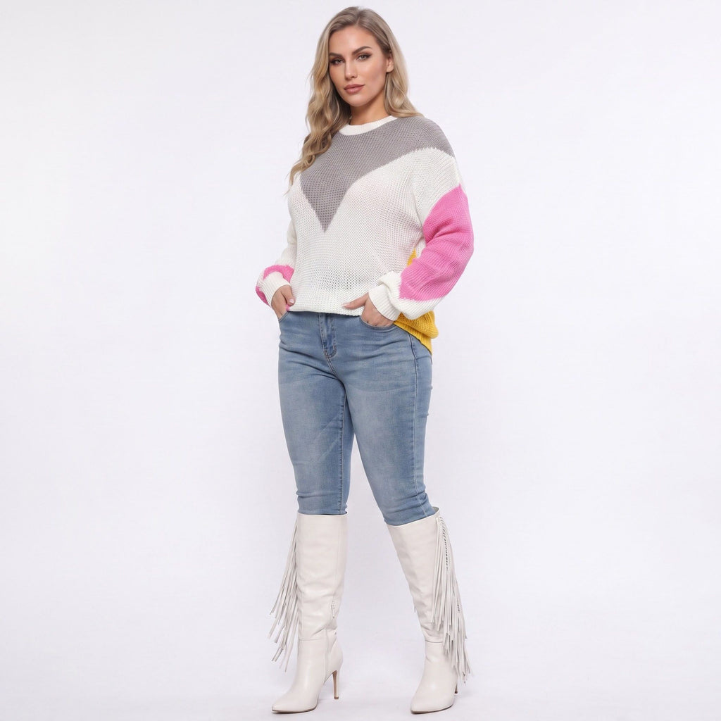 Plus Size White Multicolor Geometric Colorblock Sweater