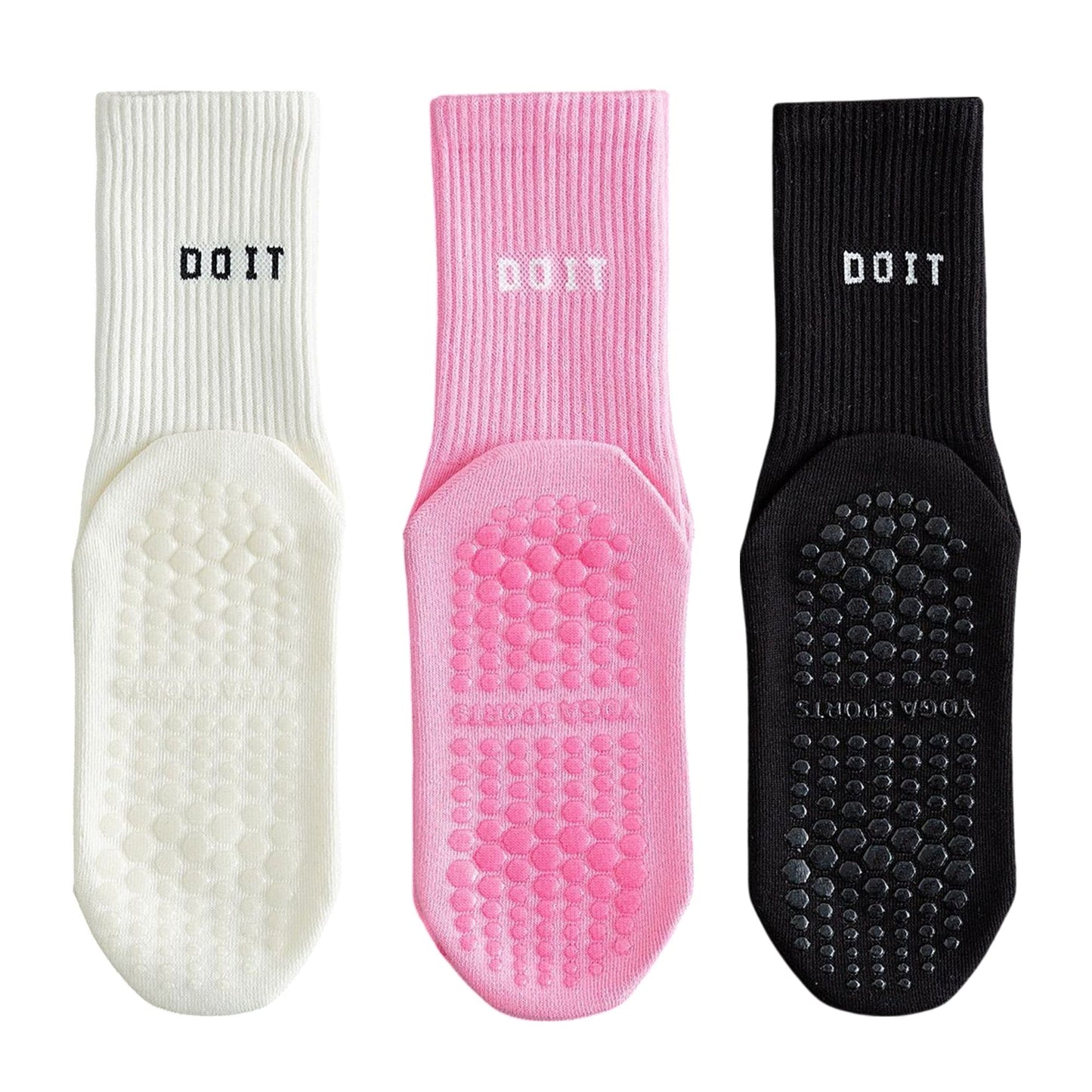 Anna-Kaci 3 Pair Combo Sale Anti Slip Crew Socks with Grip Soles and Ribbed Cuffs in Multiple Color Options