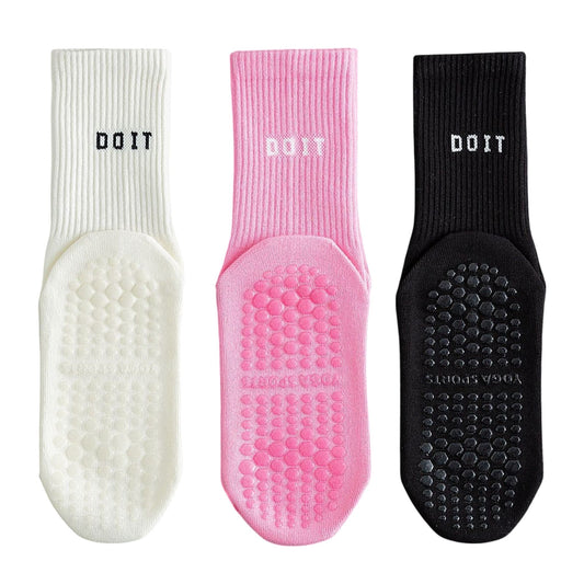 Anna-Kaci 3 Pair Combo Sale Anti Slip Crew Socks with Grip Soles and Ribbed Cuffs in Multiple Color Options