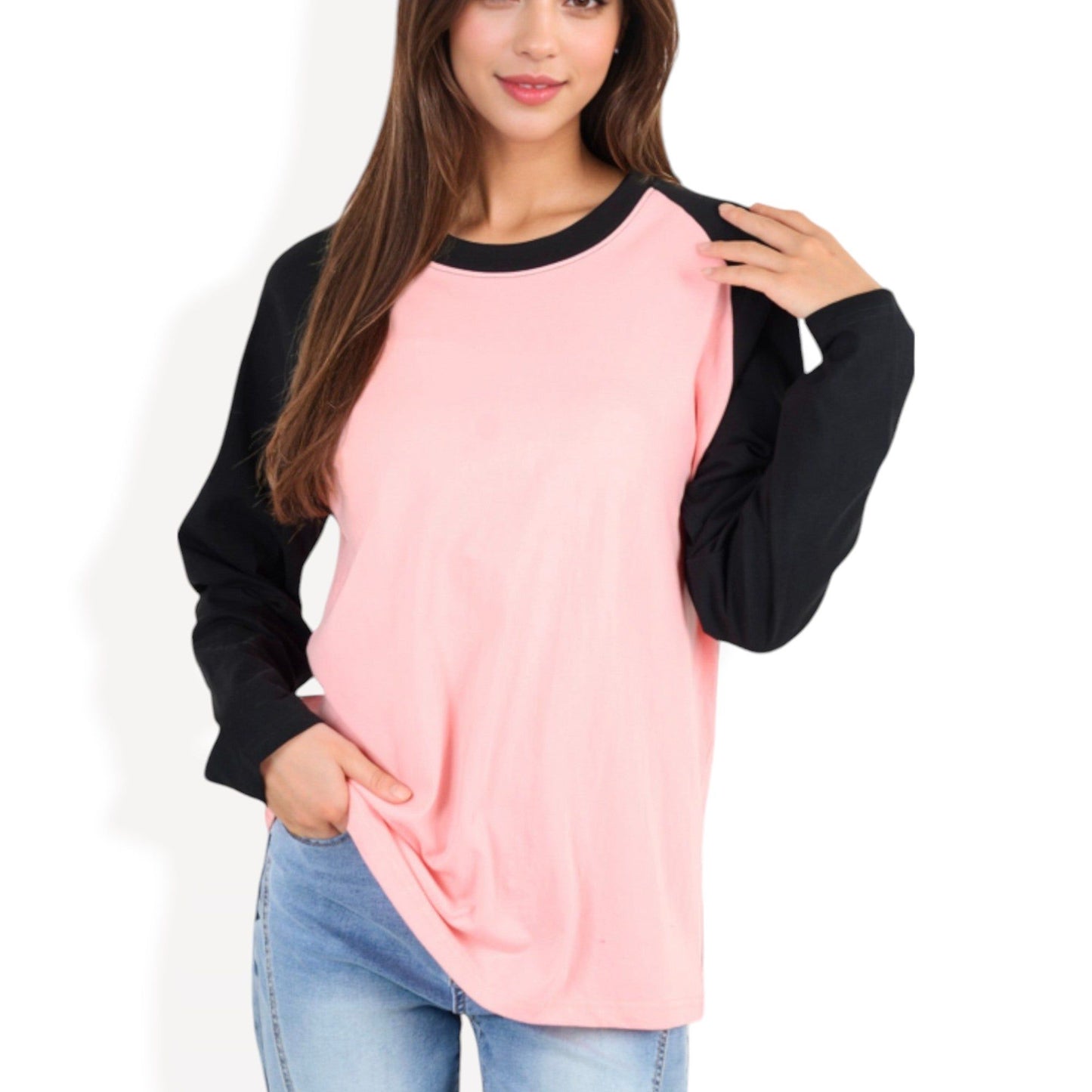 Long Sleeve Raglan T-Shirt with Contrast Sleeves and Relaxed Fit
