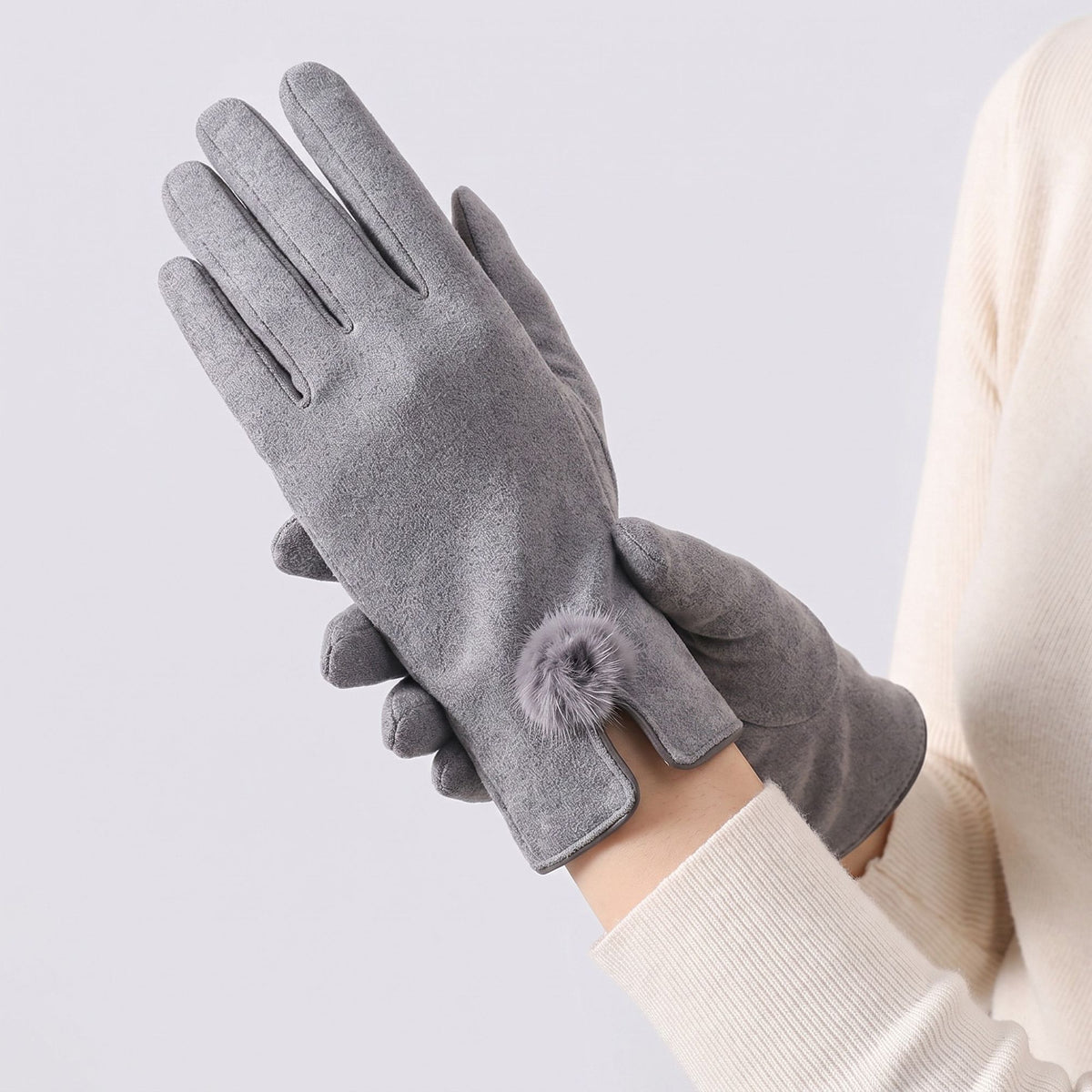 Pom Pom Detail Full Finger Gloves with Soft Textured Finish