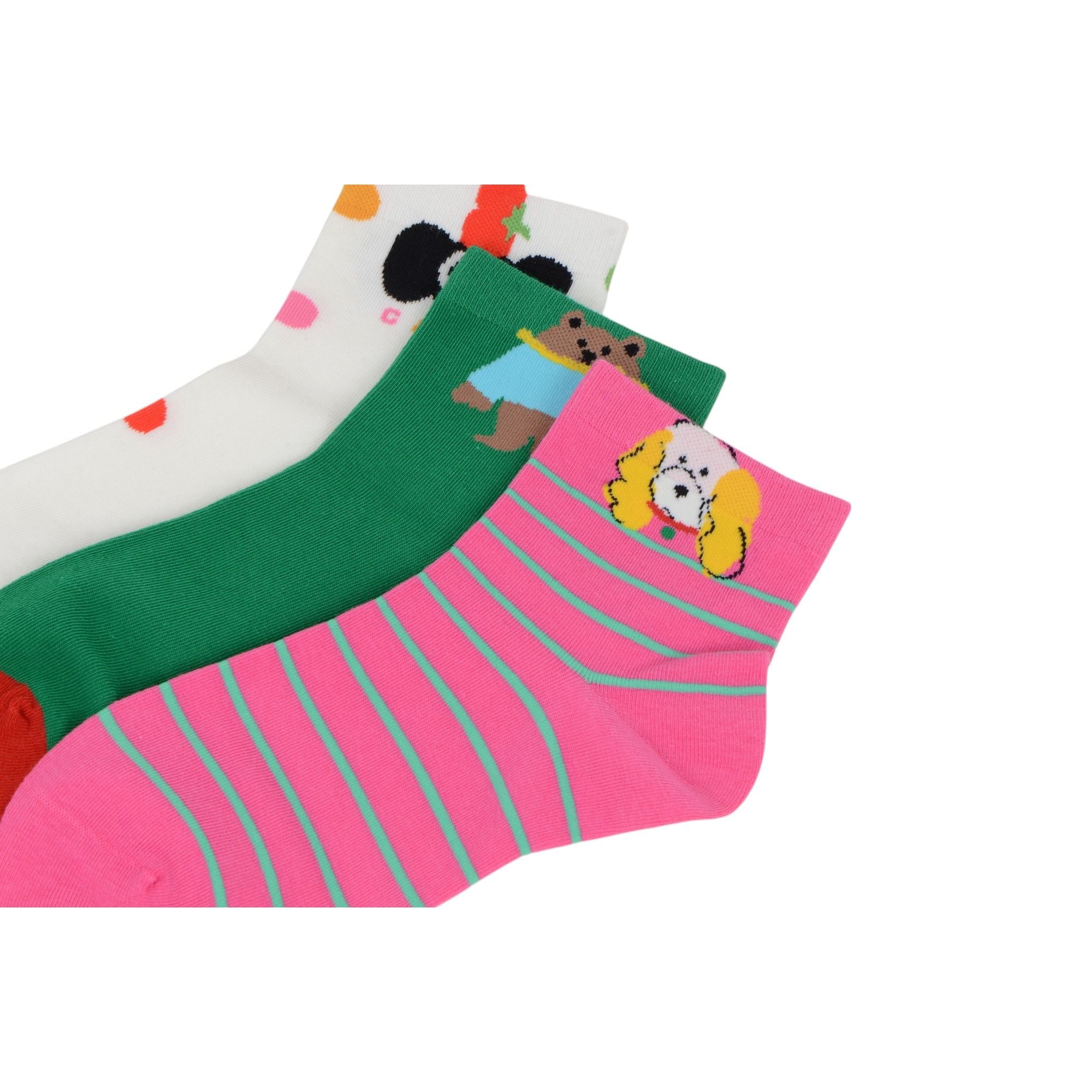 Anna-Kaci Renaissance Women 3-Pair Ankle Socks Set Assorted Patterns Featuring Colorblock, Cartoon Characters, and Butterfly Prints