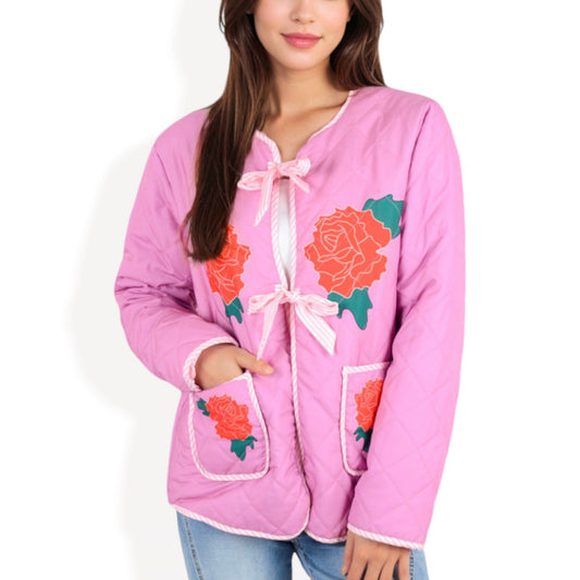 Quilted Floral Jacket with Bow Tie Closures and Patch Pockets