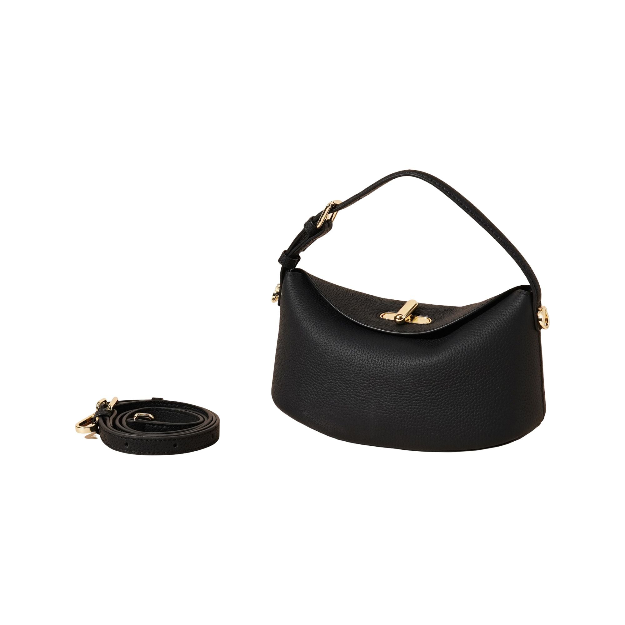 Curved Leather Mini Bag with Convertible Crossbody Strap and Foldover Turn Lock Closure