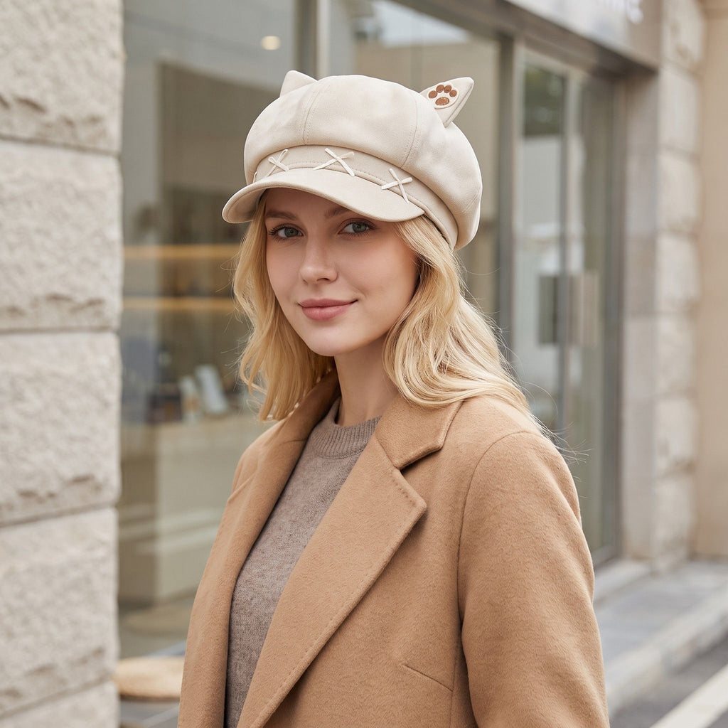 Cat Ear Newsboy Cap Cute Baker Boy Hat Bow Detail Short Brim Casual Style