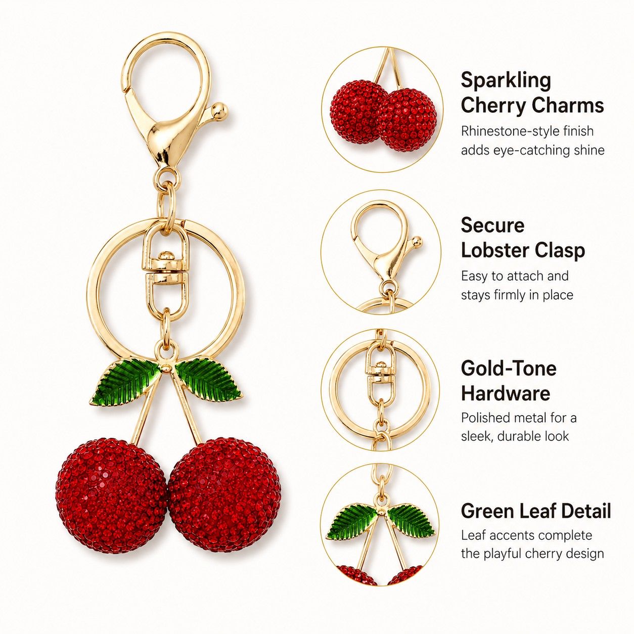 Rhinestone Cherry Bag Charm Keychain with Gold-Tone Lobster Clasp