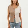 Anna-Kaci Women's Sleeveless Colorblock Knit Vest with Button Front and Ribbed Trim