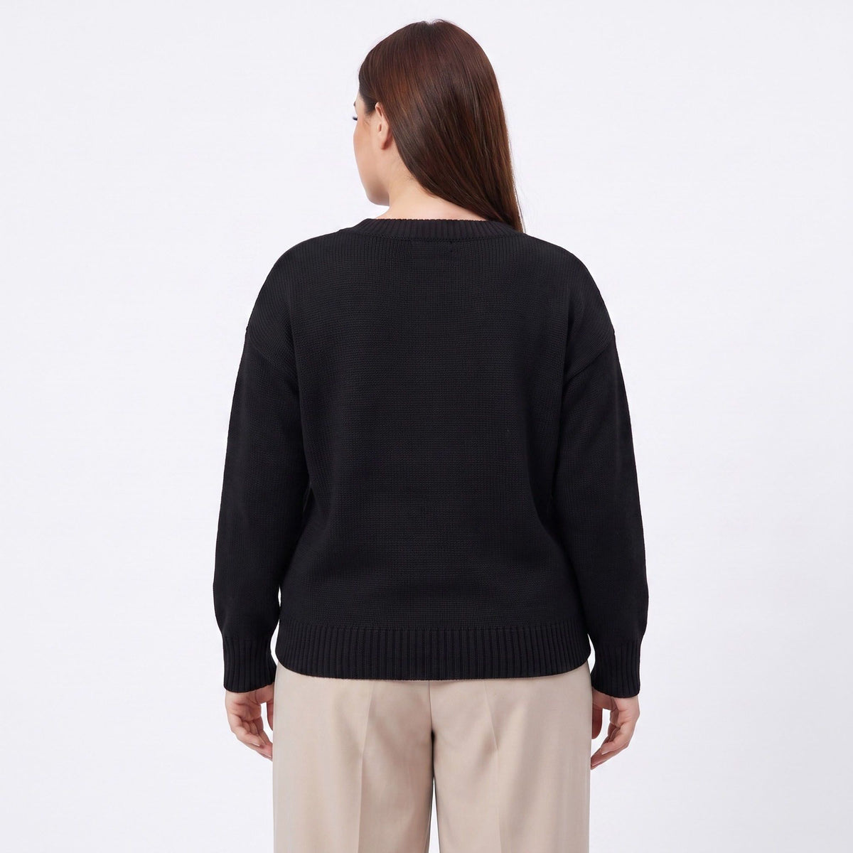 Plus Size Lace Trim V-Neck Relaxed Fit Sweater