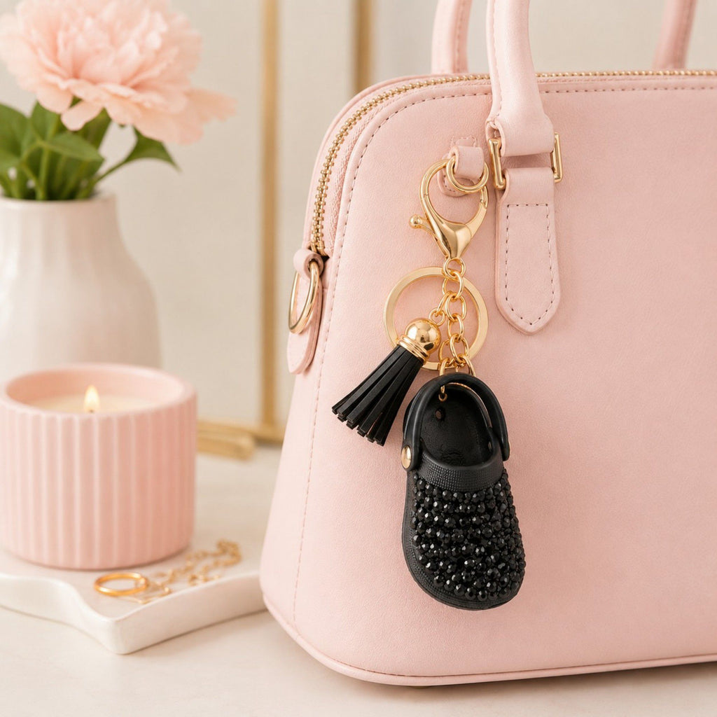 Rhinestone Mini Clog Keychain Bag Charm with Tassel Gold Tone Clip and Key Ring