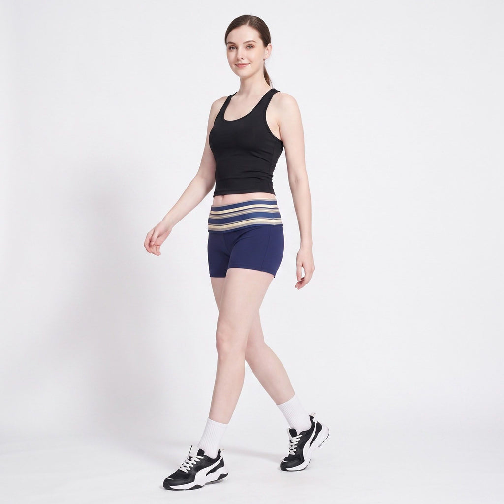 Striped Foldover Waist Fitted Athletic Shorts for Workouts Running and Everyday Activewear
