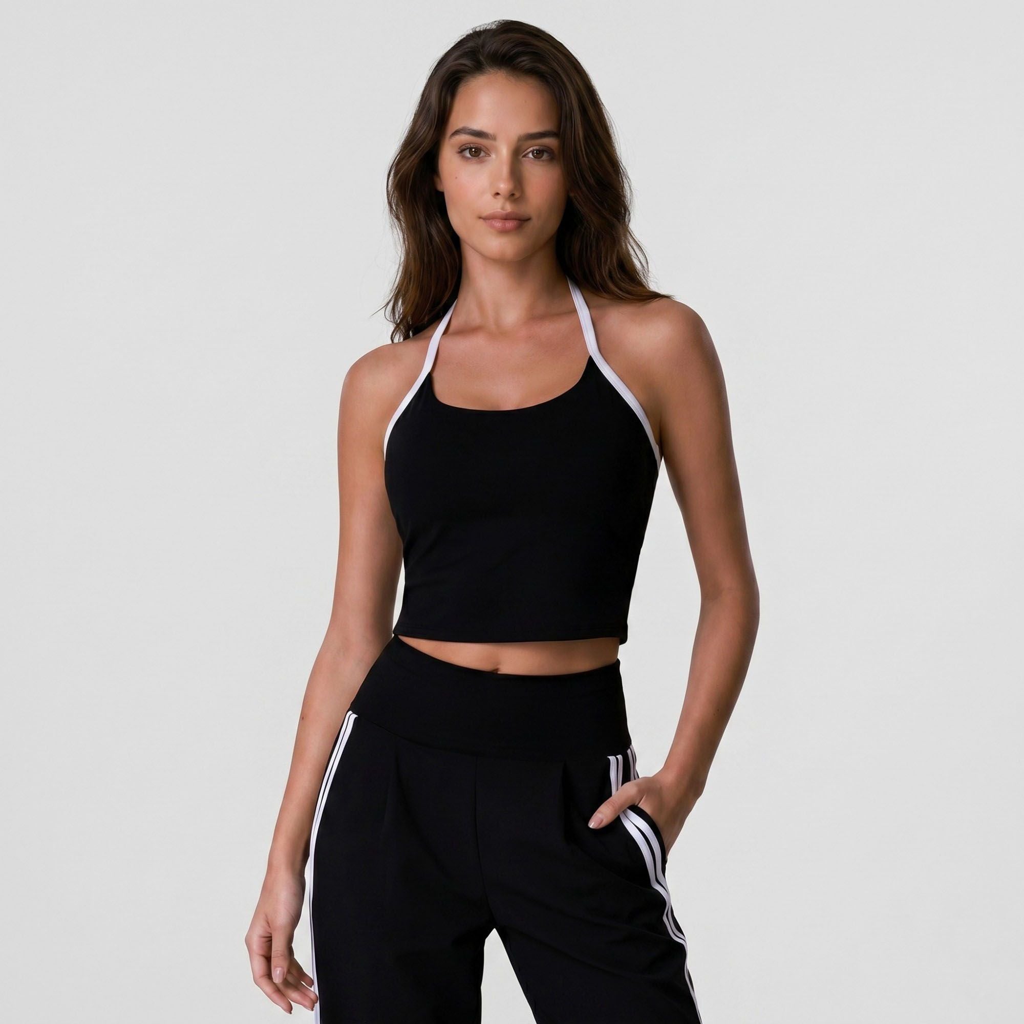 Padded Halter Sports Bra Tank Top Contrast Trim Workout Yoga Crop Top