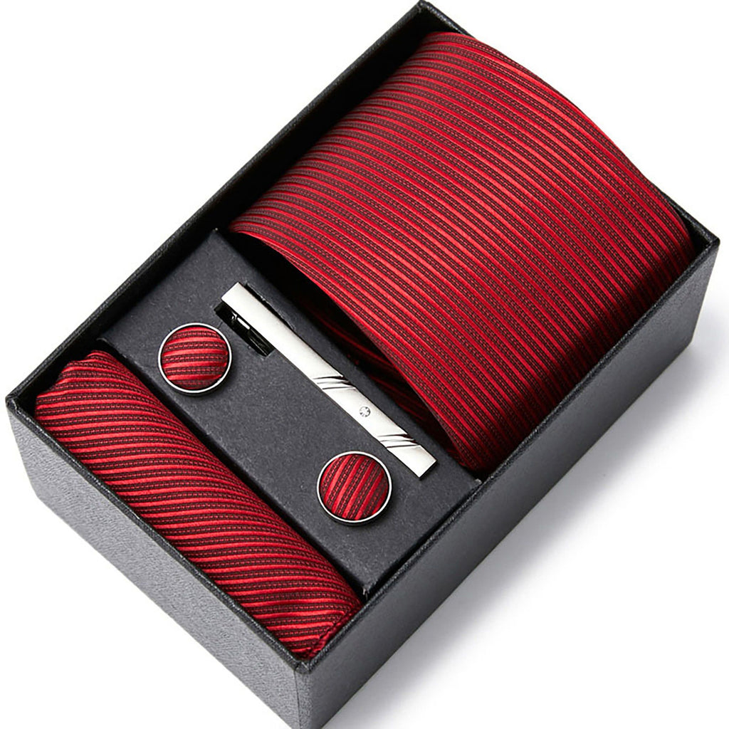 Men's Striped Tie Gift Set Necktie Pocket Square Cufflinks Tie Clip Formal Accessory Set