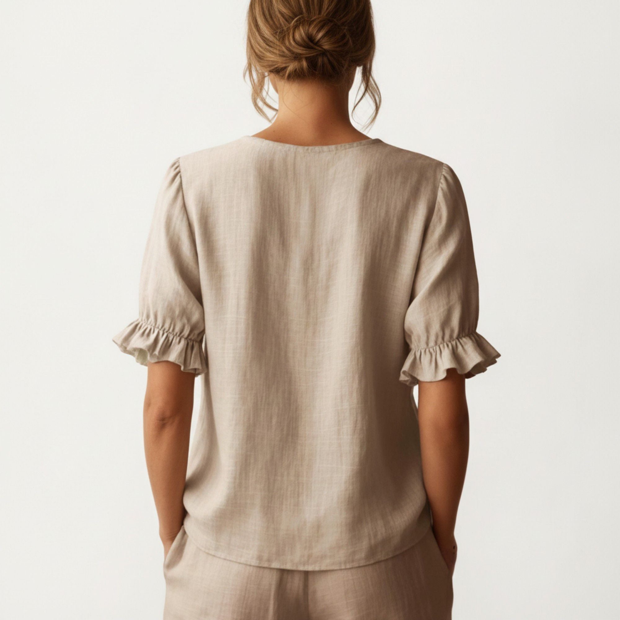 Anna-Kaci Women's Ruffle Neck Blouse with Short Puff Sleeves and Textured Linen-Like Fabric