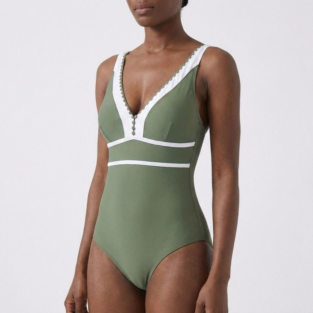 Anna-Kaci Swim Womens One Piece Swimsuit with V Neck Contrast Trim Scallop Detail and Adjustable Crisscross Straps