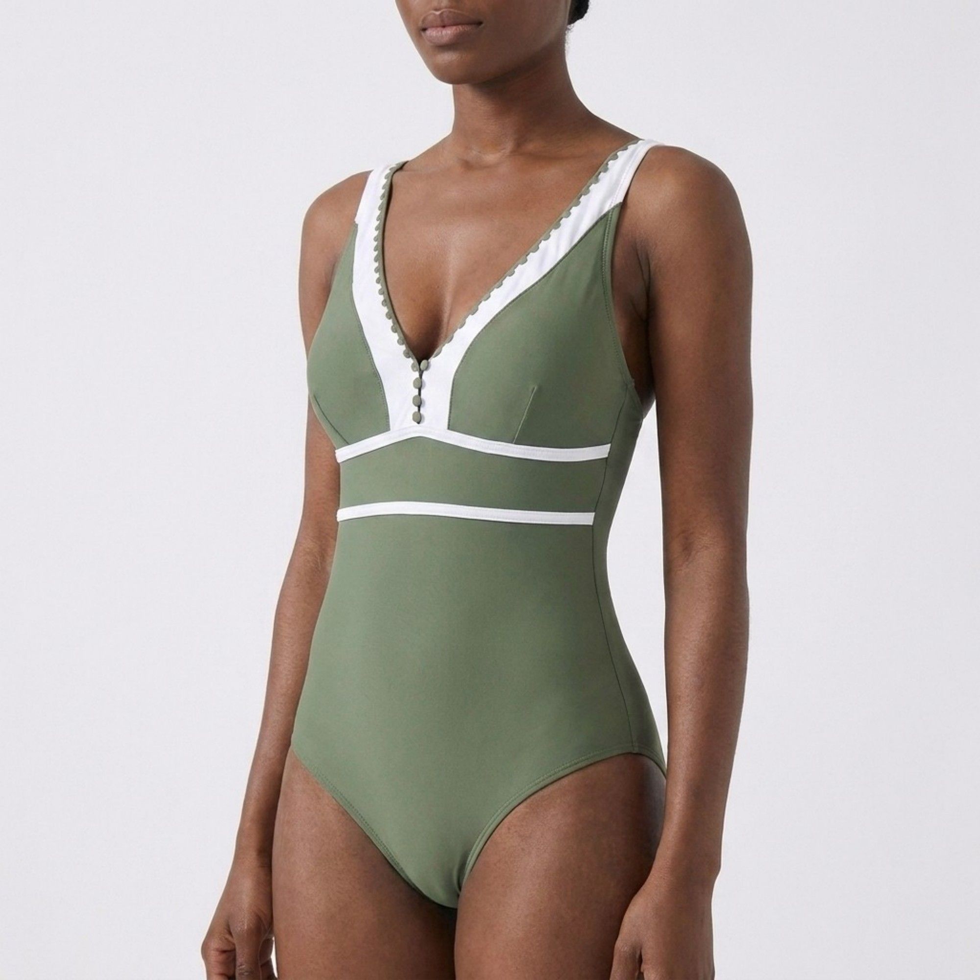 Anna-Kaci Swim Womens One Piece Swimsuit with V Neck Contrast Trim Scallop Detail and Adjustable Crisscross Straps