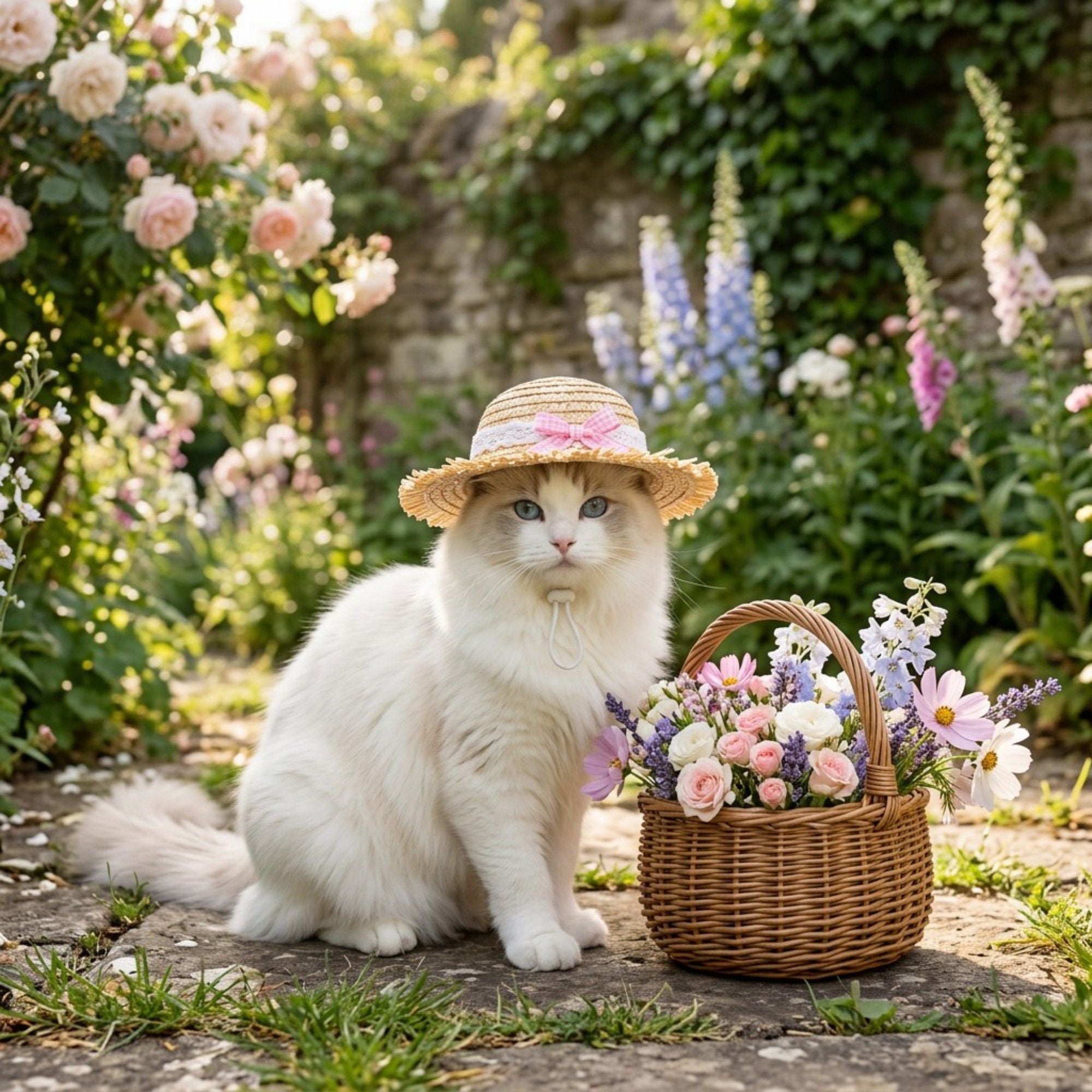 Pet Straw Sun Hat with Lace Trim Bow Adjustable Chin Strap Summer Costume Hat for Cats and Small Dogs