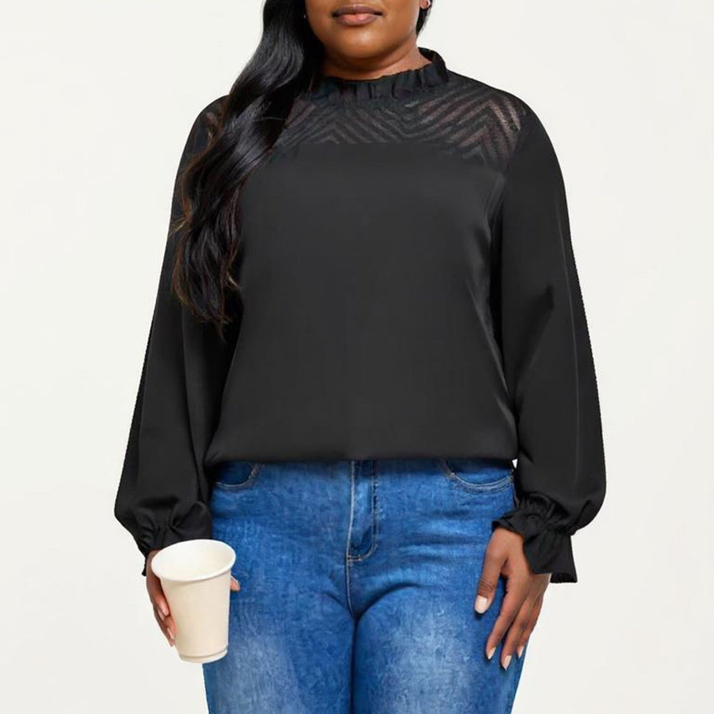 Anna-Kaci Women's Plus Size Long Sleeve High Neck Pullover Blouse with Textured Sheer Yoke and Gathered Cuffs