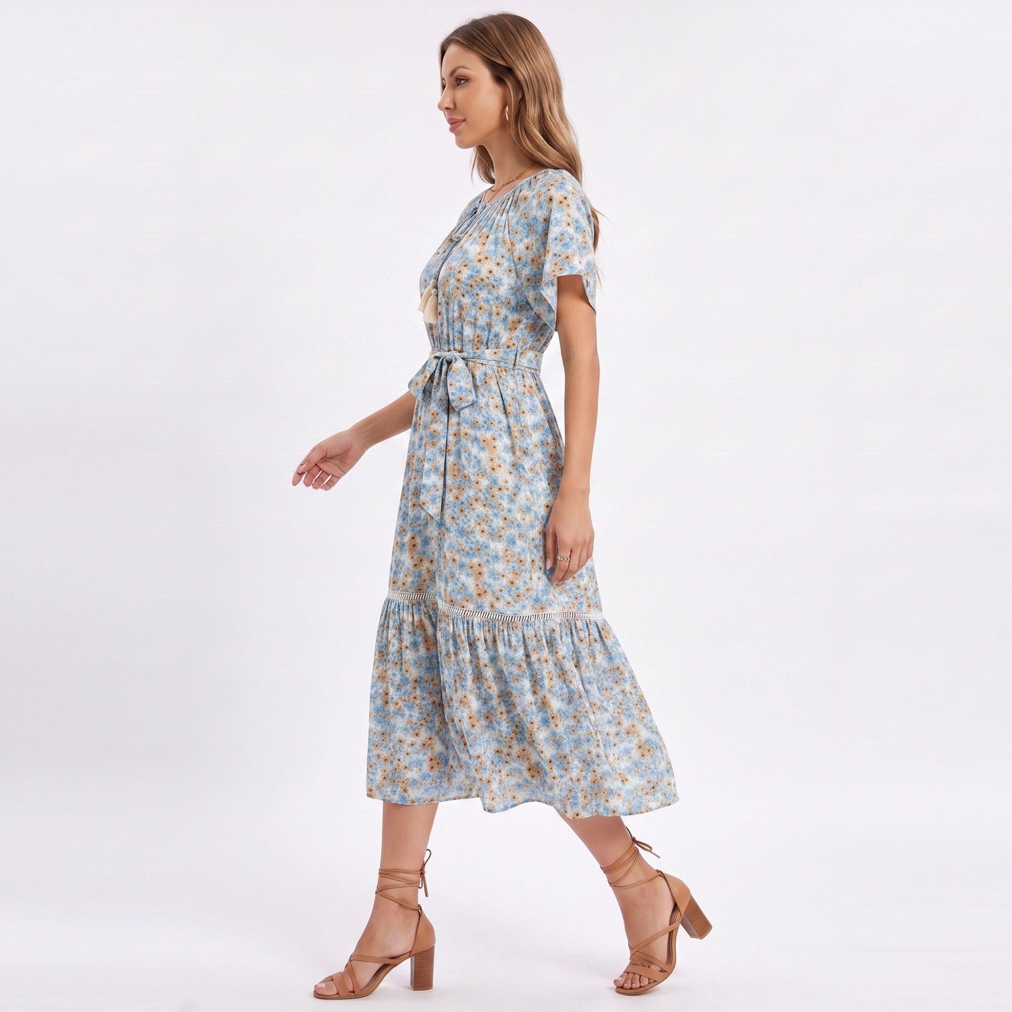 Floral Print Midi Dress with Tie Neck Short Flutter Sleeves Belted Waist and Tiered Hem