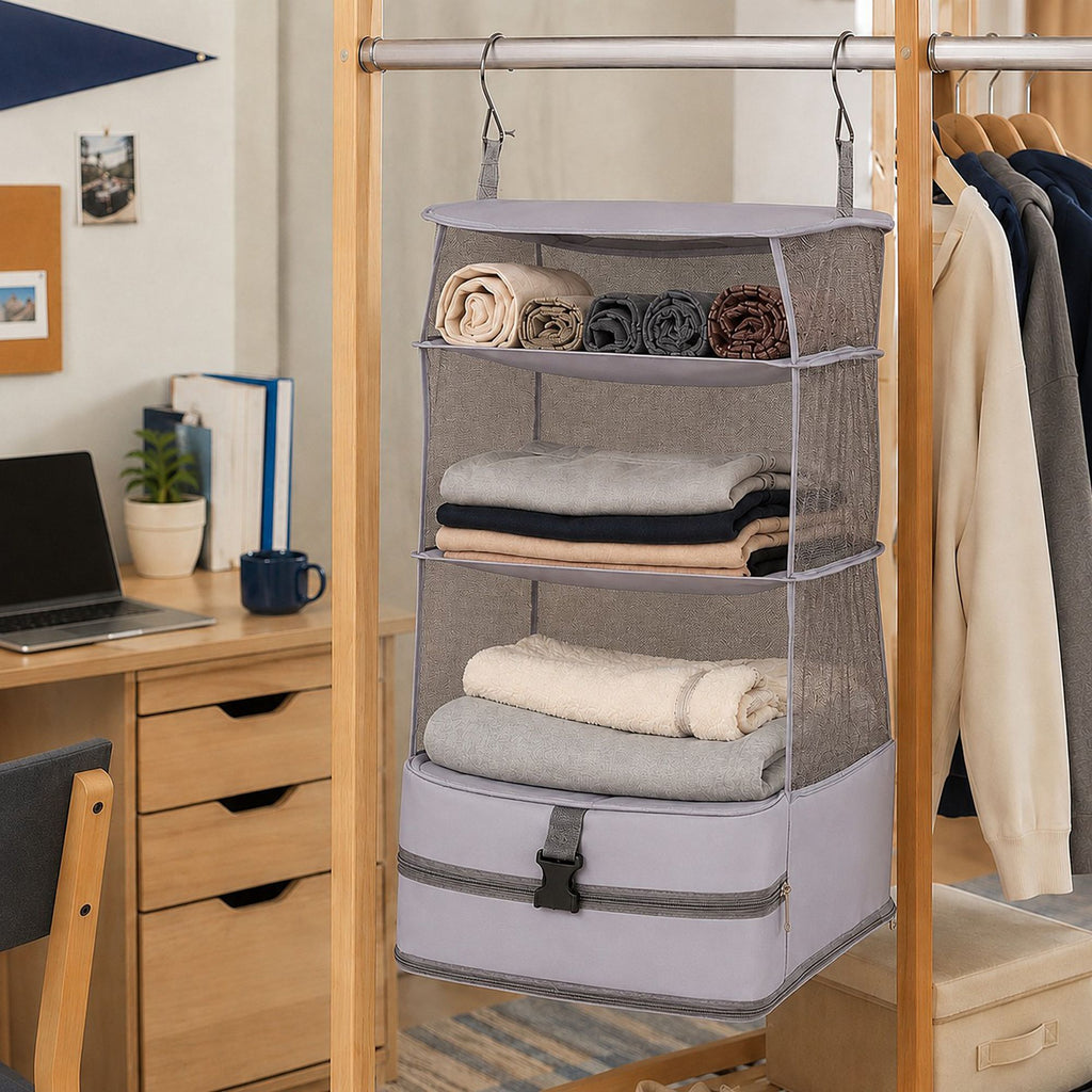 3 Shelf Hanging Closet Organizer with Zipper Storage Compartment and Hooks
