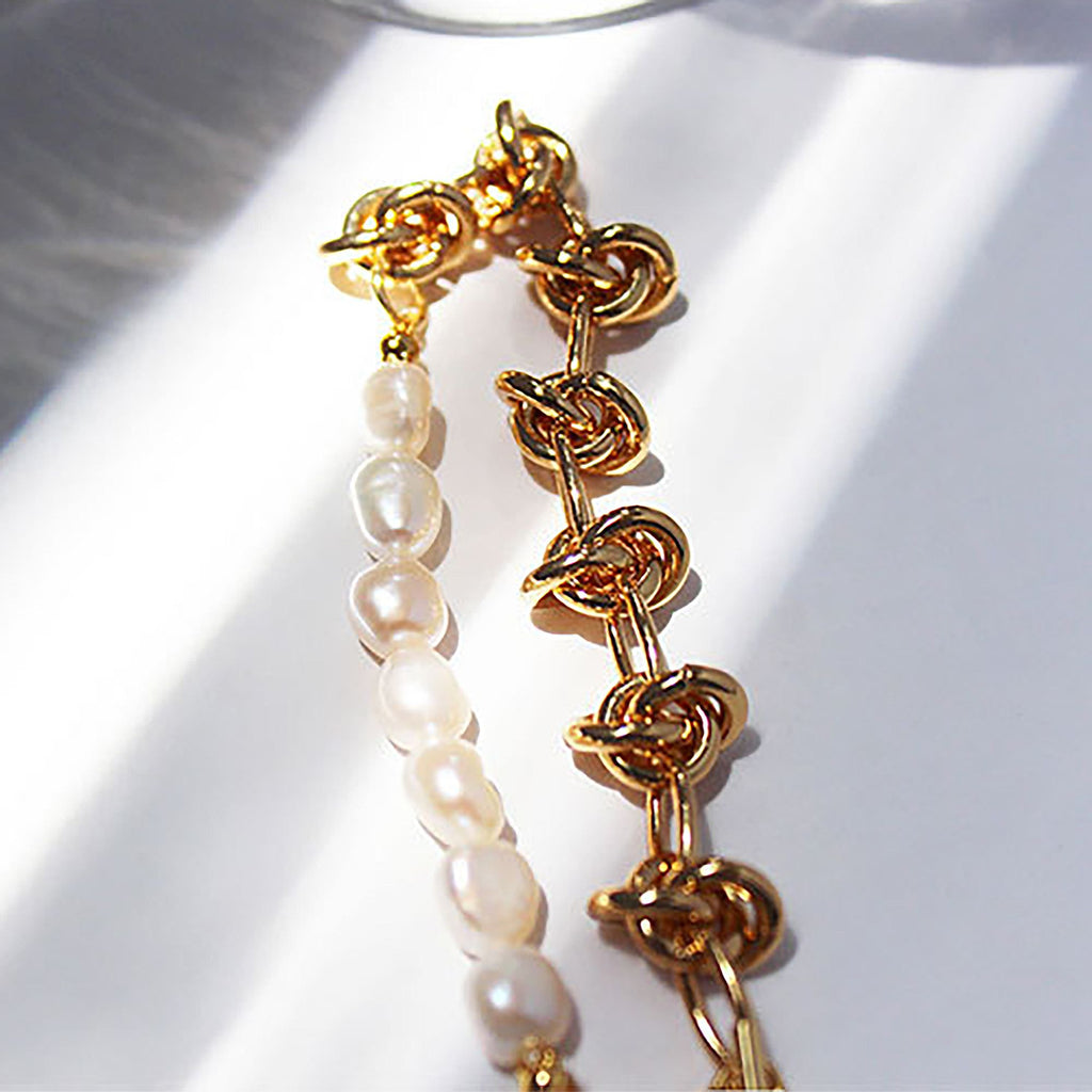 Women's Freshwater Pearl Bracelet - Chunky Knot Chain T-Bar Clasp Bracelet for Elegant Casual & Formal Wear