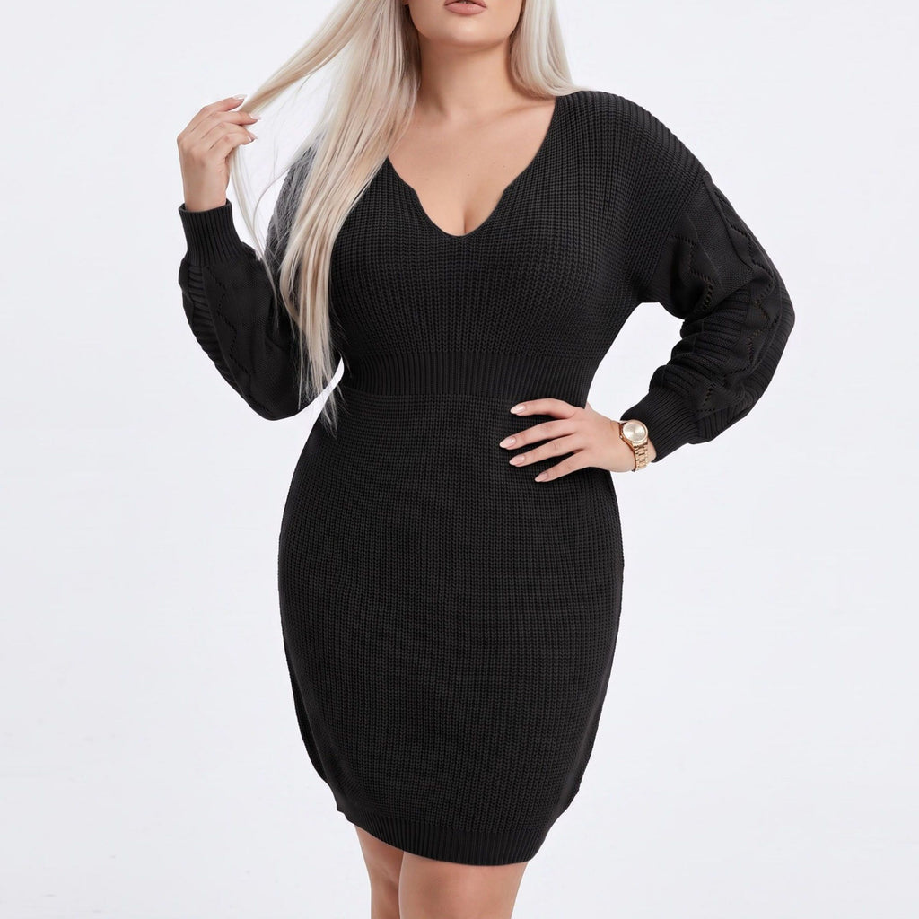 Plus Size V Neck Ribbed Waist Sweater Dress