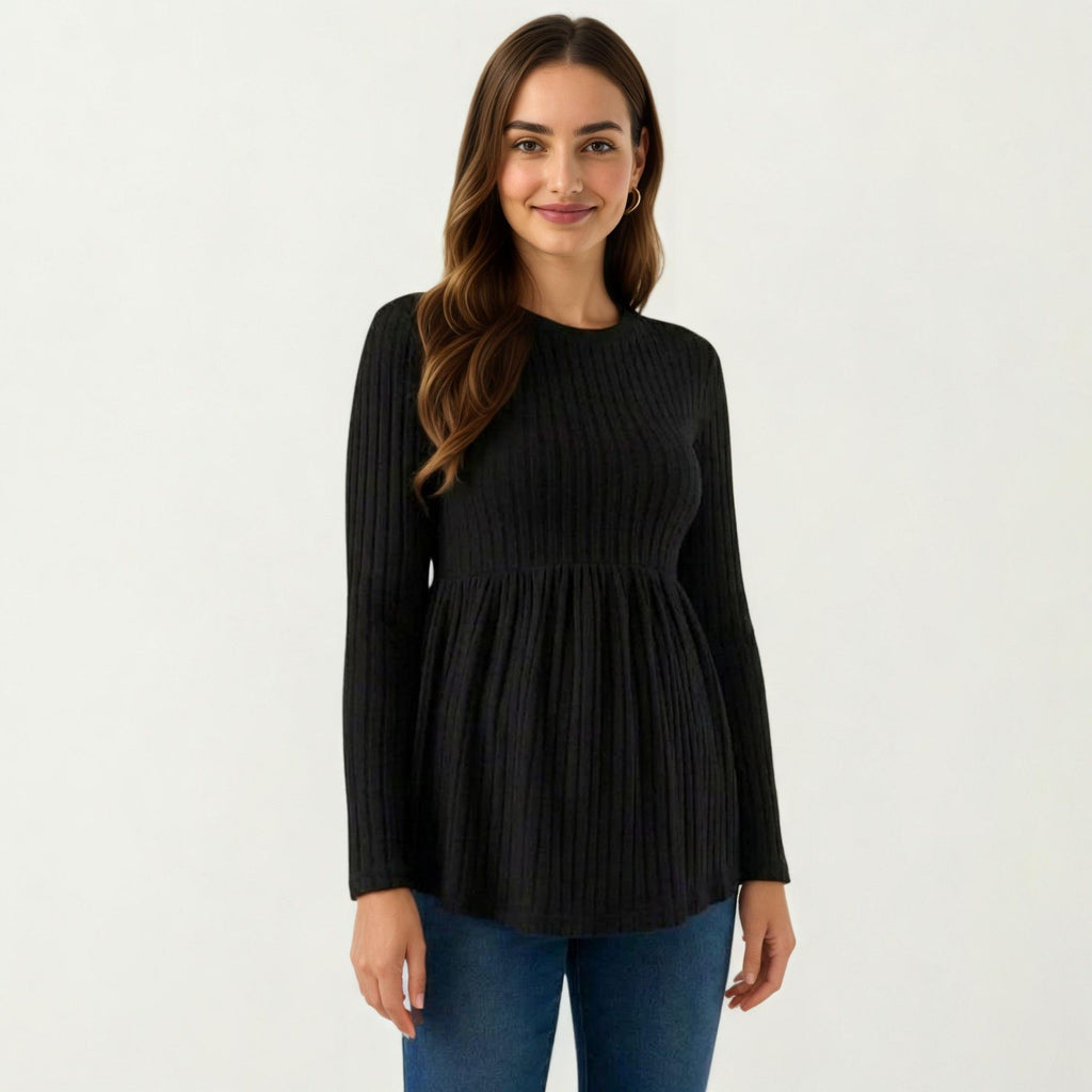 Anna-Kaci Maternity Ribbed Long Sleeve Babydoll Shirt ¨C Empire Waist Peplum Top