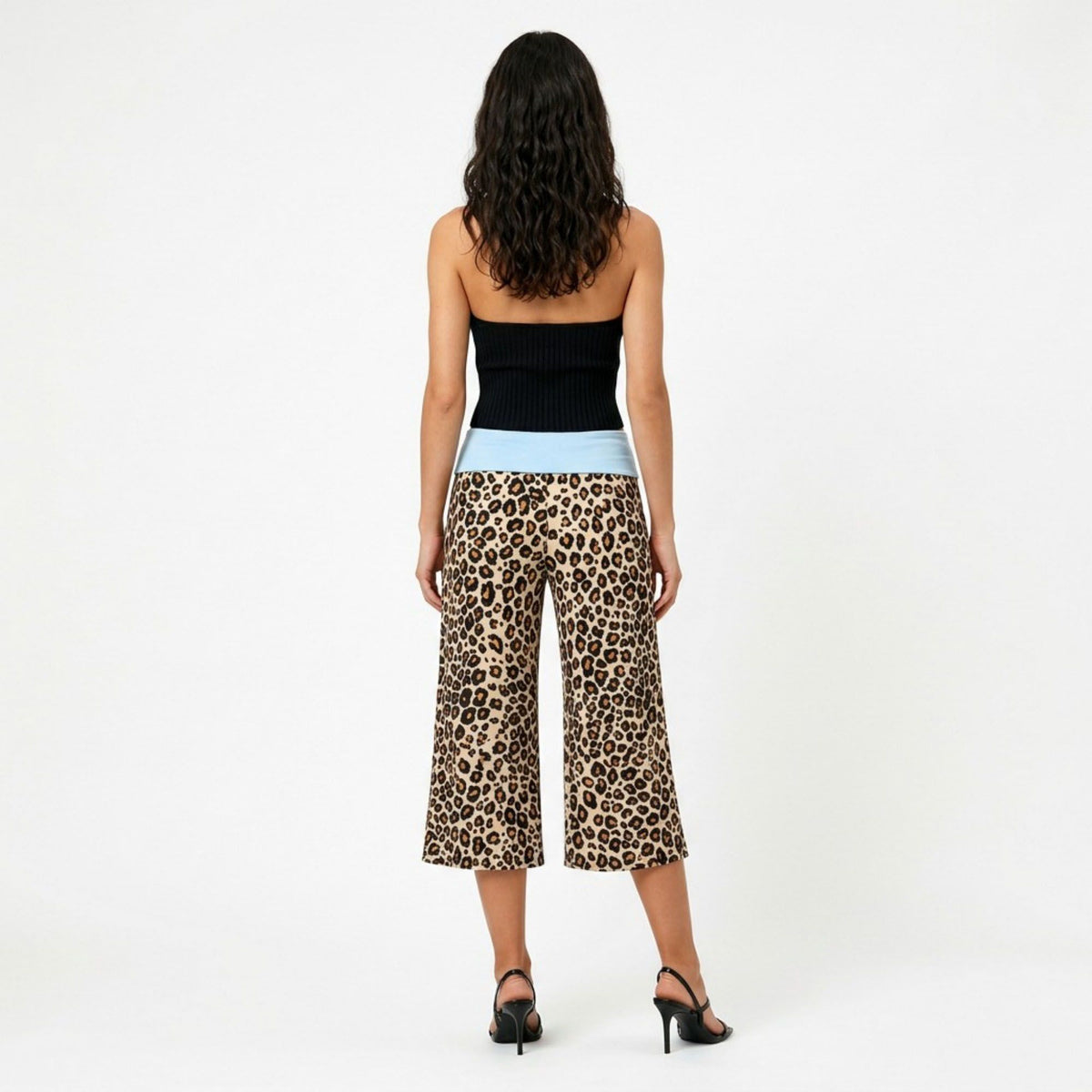 Contrast Foldover Waistband Leopard Print Cropped Trousers