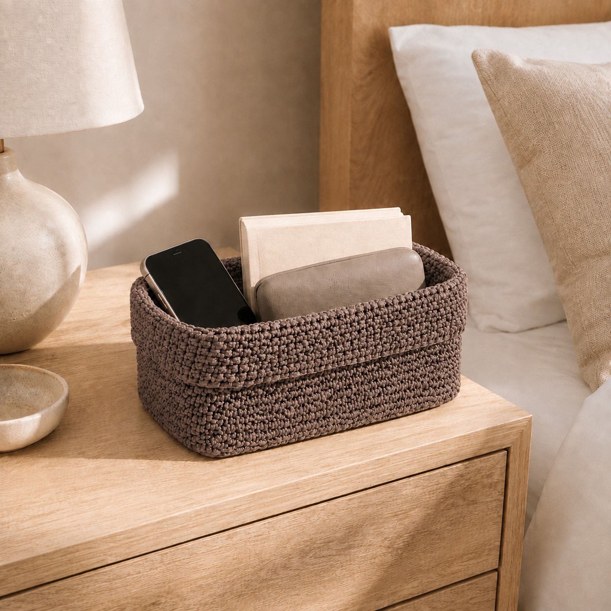 Rectangular Woven Storage Basket Foldover Rim Desktop Organizer Bin