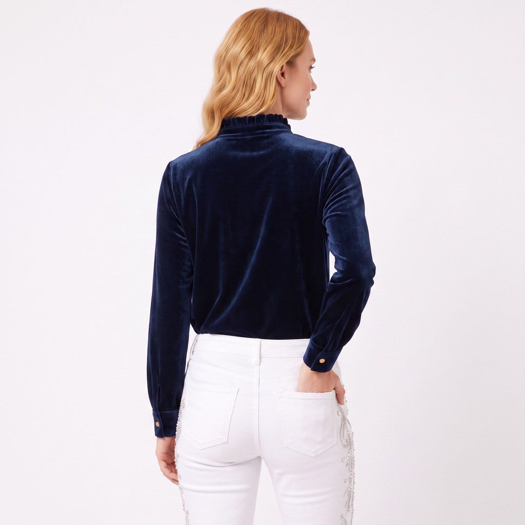 Velvet Ruffle Neck Button Front Long Sleeve Blouse