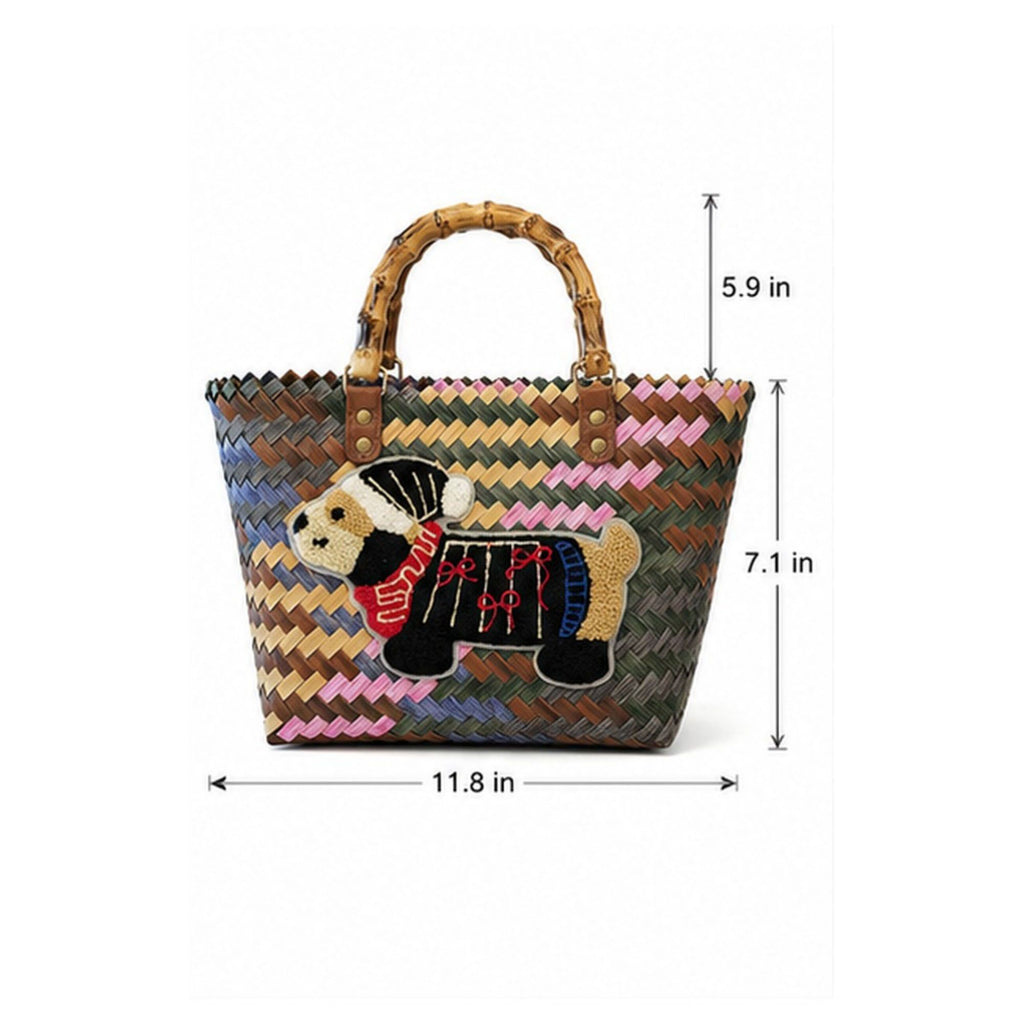Woven Bamboo Handle Tote Handbag with Whimsical Dachshund Applique, Structured Shape and Roomy Interior