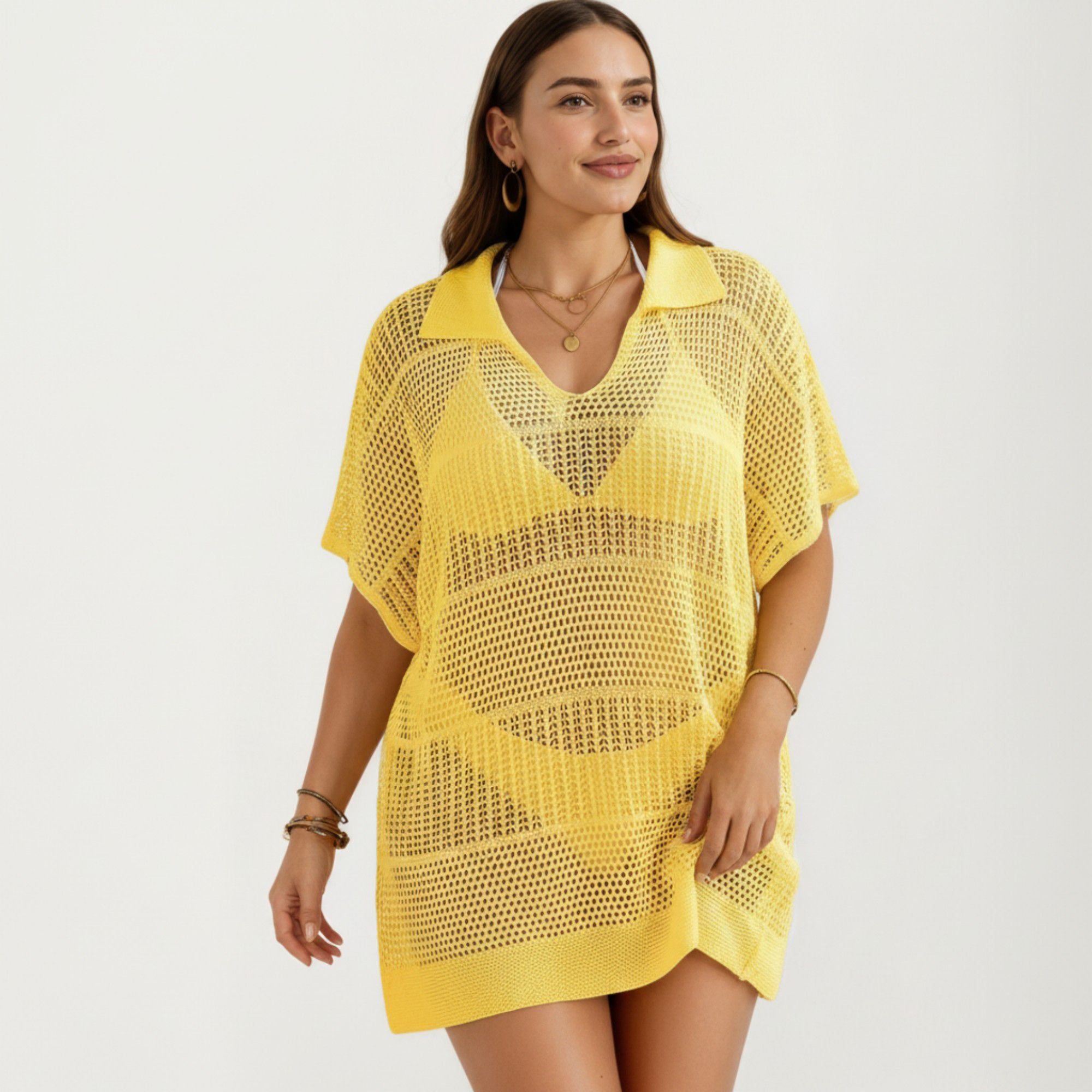 Anna-Kaci Women's Mesh Swim Cover Up Dress with Open Knit Design Collared Neckline Short Sleeves Relaxed Fit