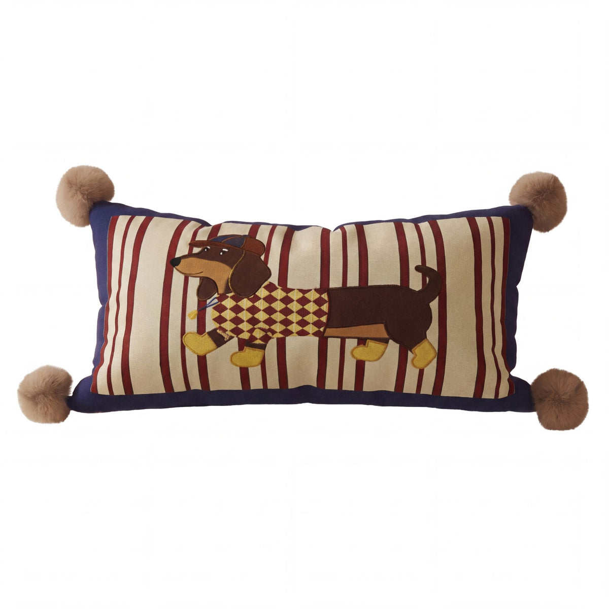 Dachshund Dog Print Decorative Throw Pillow Cover with Pom Pom Corners and Hidden Zipper