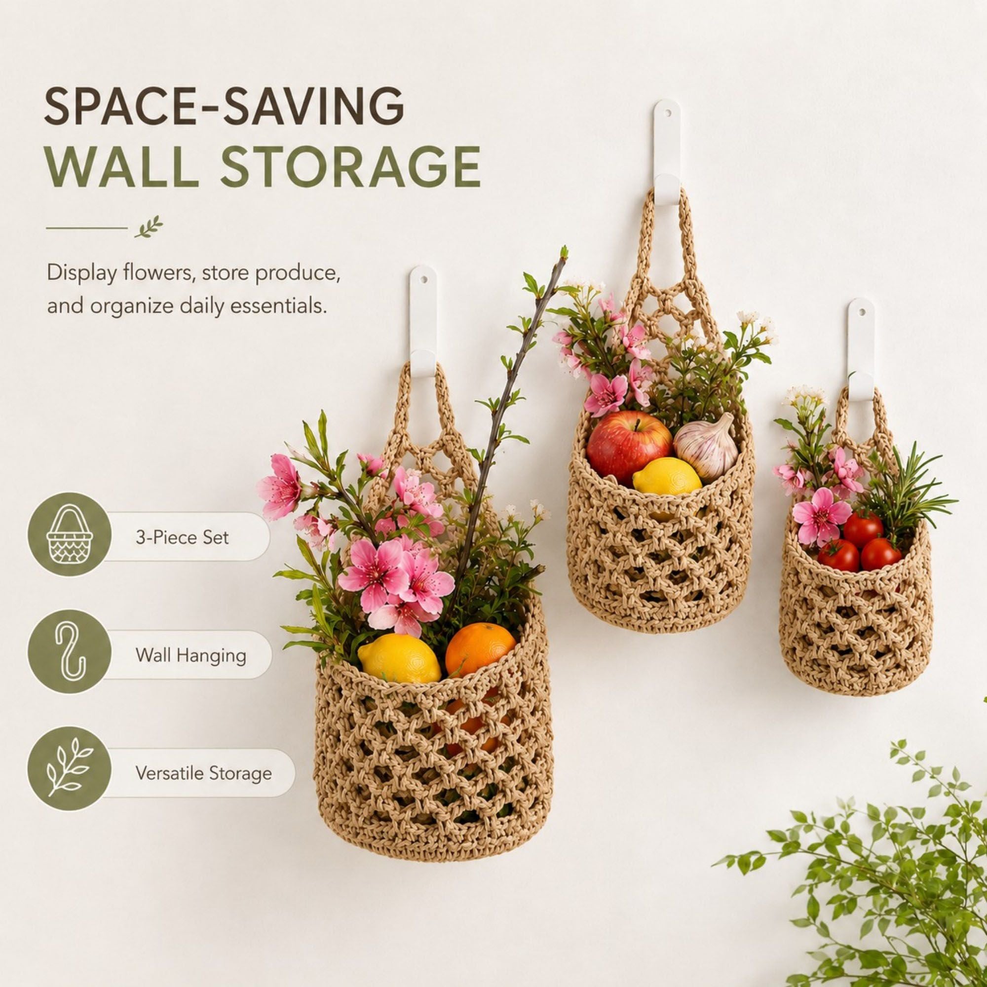 Woven Hanging Basket Set for Fruit Produce and Wall Storage