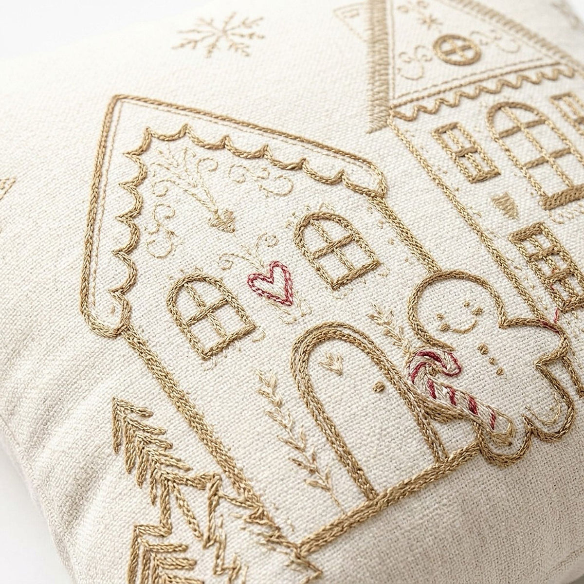 Embroidered Gingerbread House Decorative Throw Pillow Cover for Holiday Decor 17.7 x 17.7in
