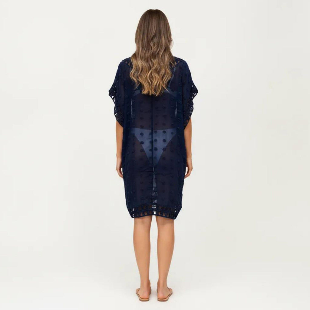 Anna-Kaci Women's Sheer Crochet Trim Cover Up Dress with Tassel Detail Relaxed Fit and Short Sleeves
