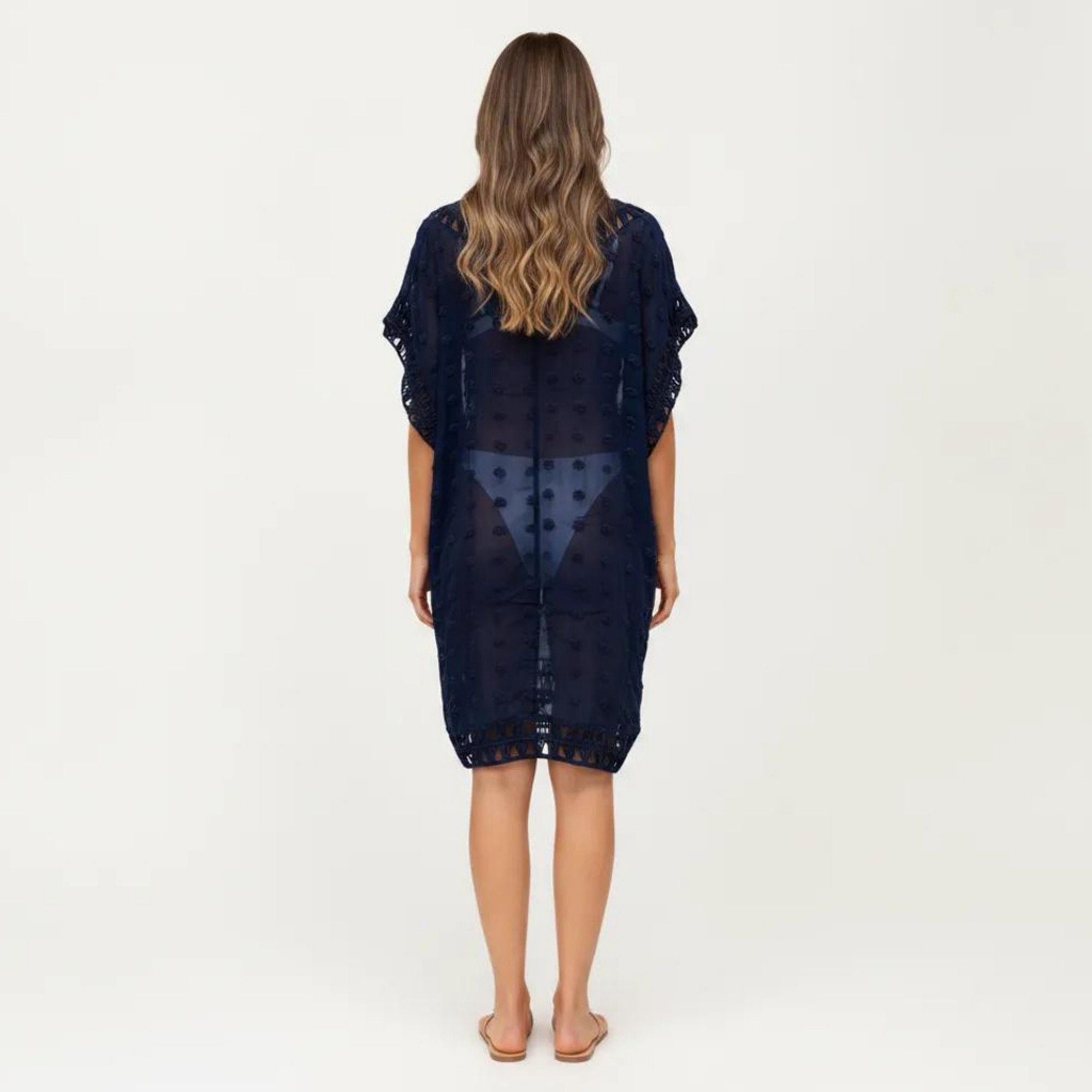 Anna-Kaci Women's Sheer Crochet Trim Cover Up Dress with Tassel Detail Relaxed Fit and Short Sleeves