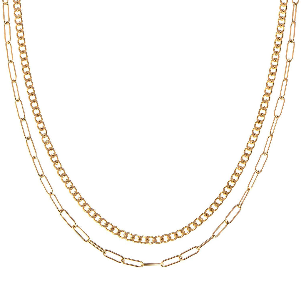 Women's Stainless Steel Double Chain Necklace with 18K Gold Plating, Adjustable Length, Modern and Versatile Design