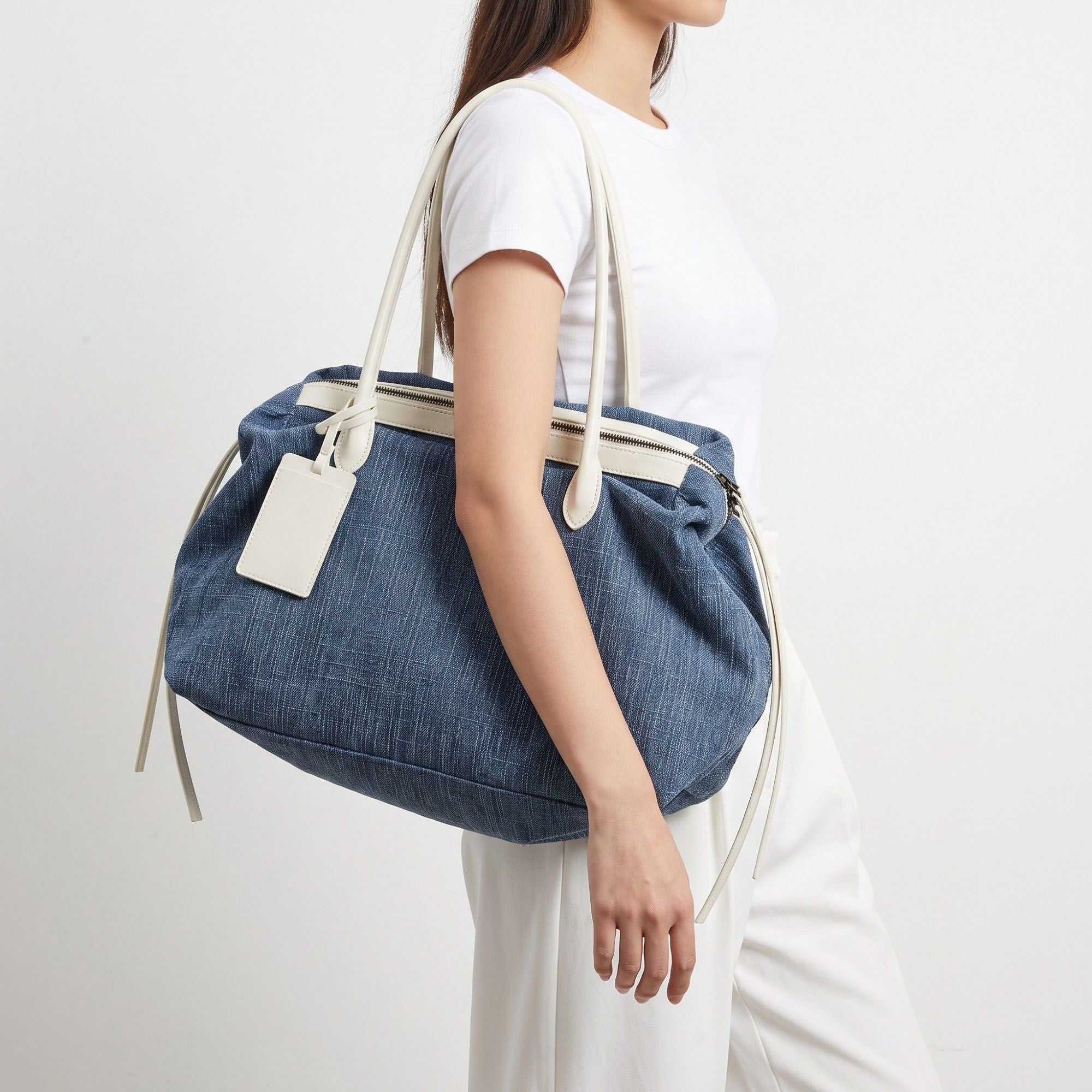 Large Textured Tote Bag with Double Handles and Zip Closure