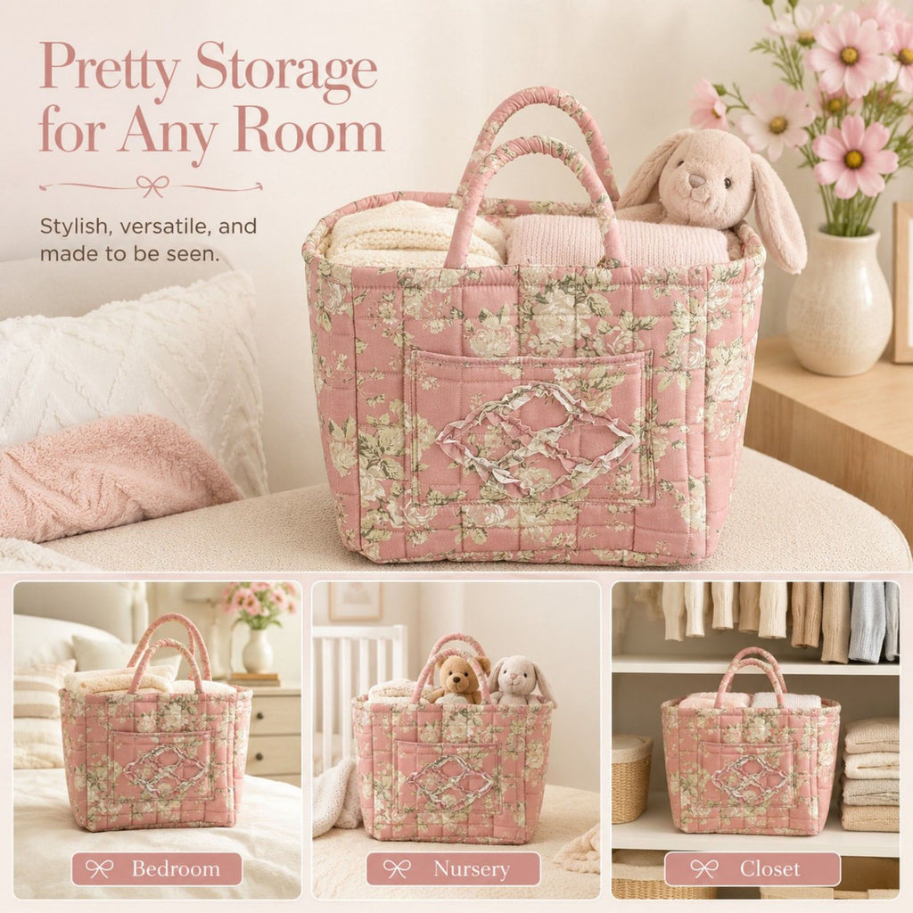 Quilted Floral Storage Caddy with Handles for Vanity Dorm Bathroom and Laundry Room