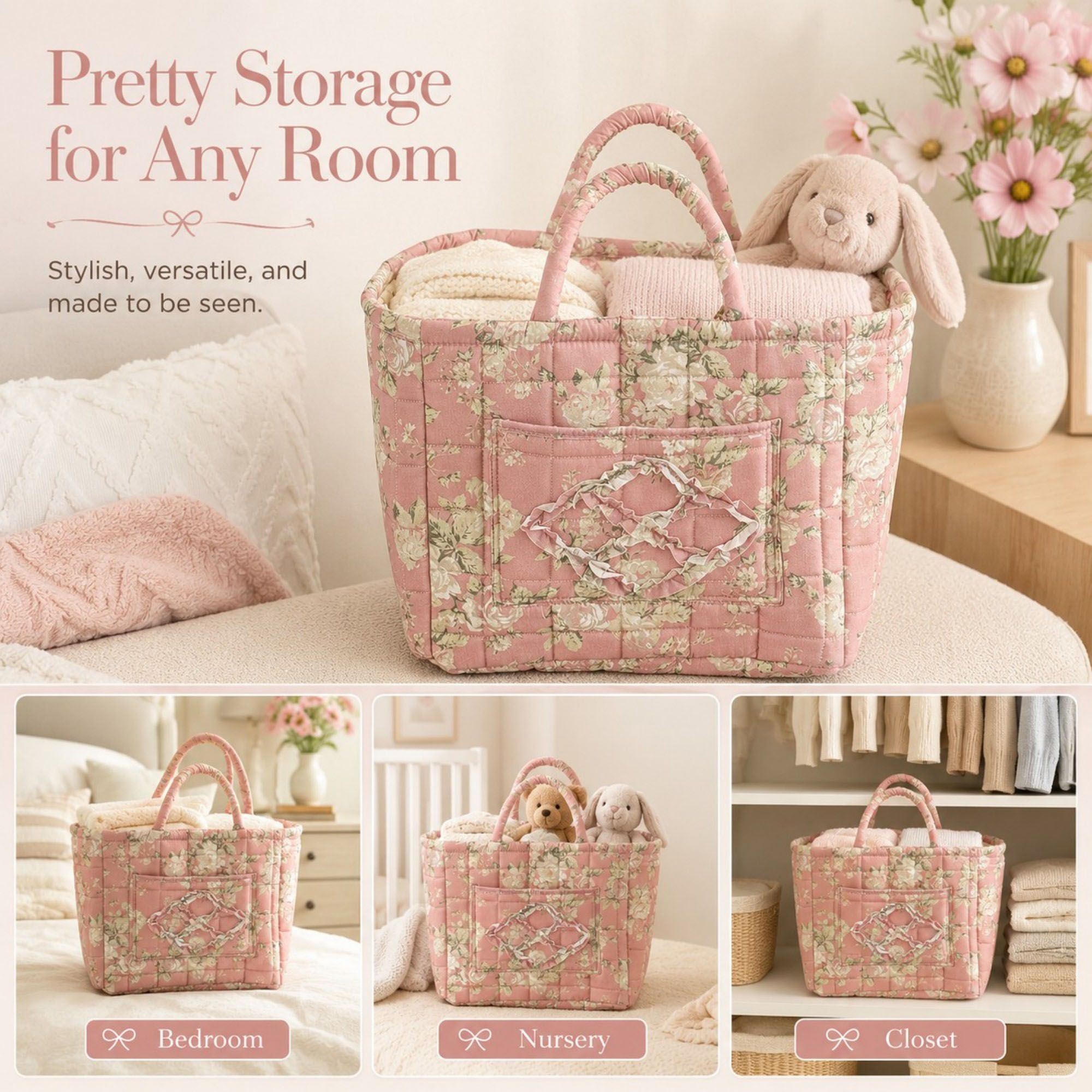 Quilted Floral Storage Caddy with Handles for Vanity Dorm Bathroom and Laundry Room