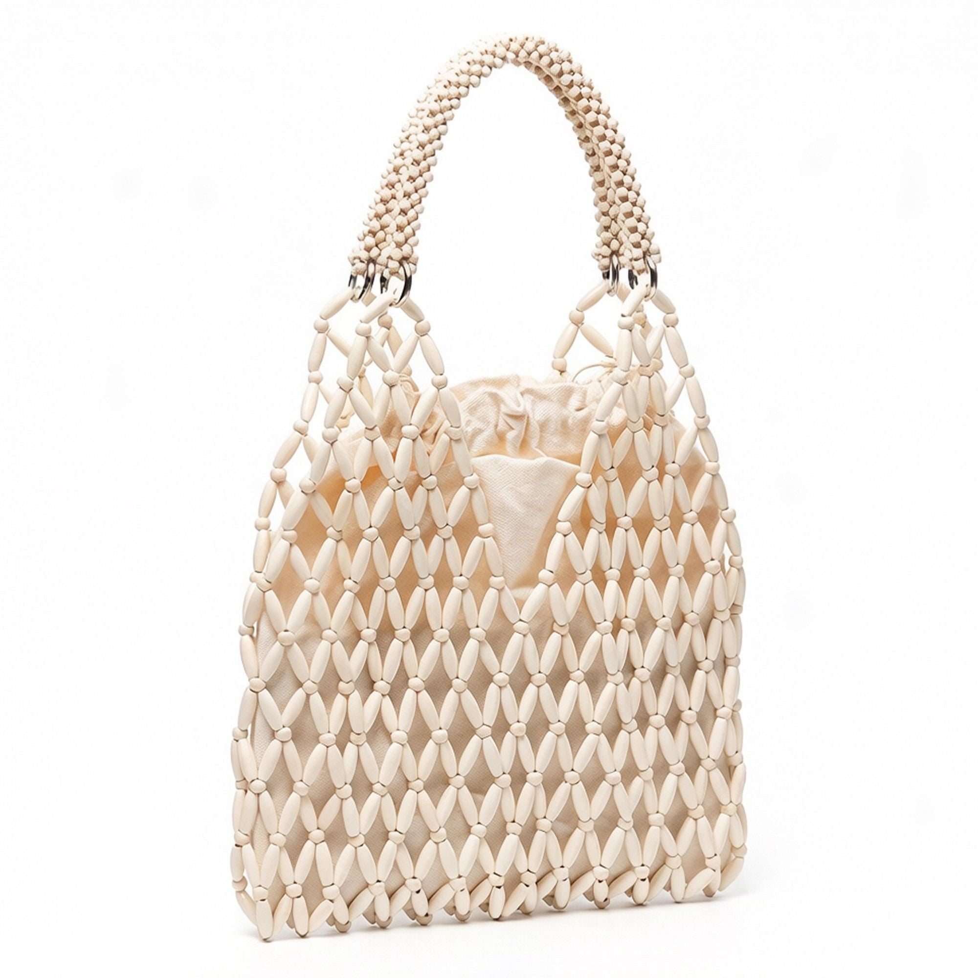 Beaded Tote Bag with Inner Pouch Soft Structured Wooden Bead Handbag Open Weave Shoulder Bag Lightweight Carryall