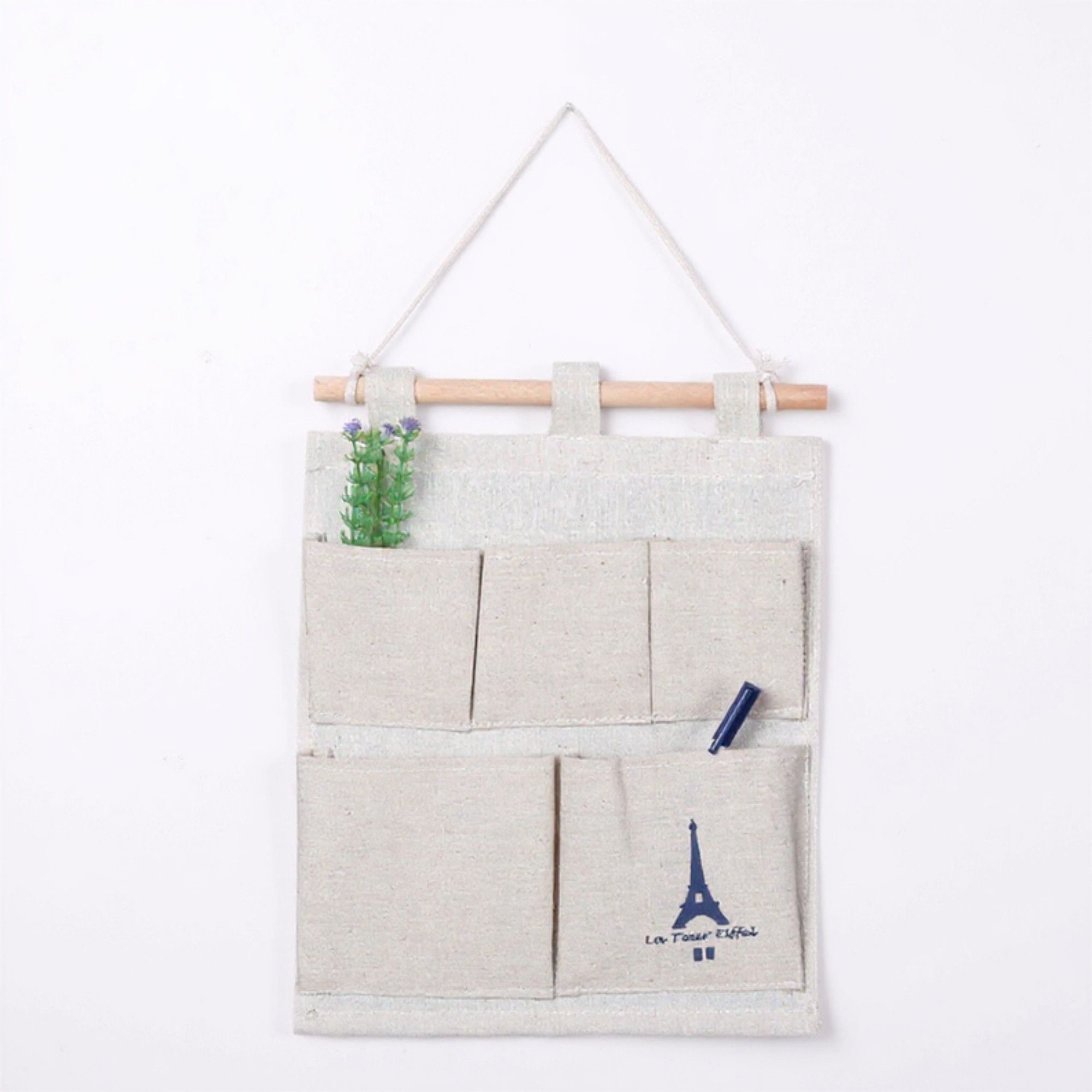 Hanging Wall Organizer with Eiffel Tower Print and Five Canvas Storage Pockets 12.5x9.5 in